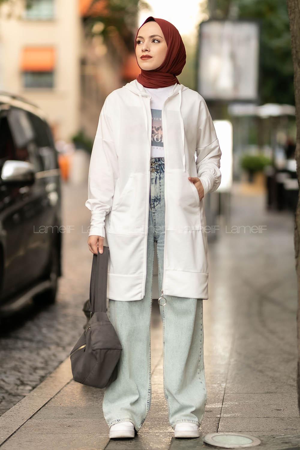 Modalamelif Cep Fermuar Detaylı Kapüşonlu Hırka Beyaz