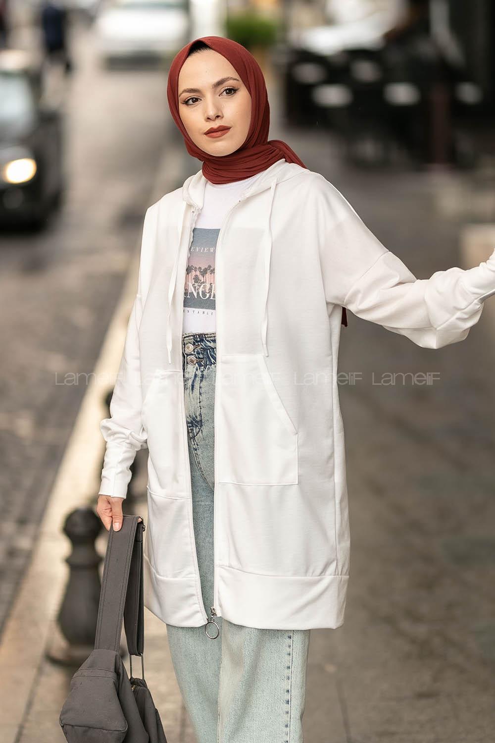 Modalamelif Cep Fermuar Detaylı Kapüşonlu Hırka Beyaz