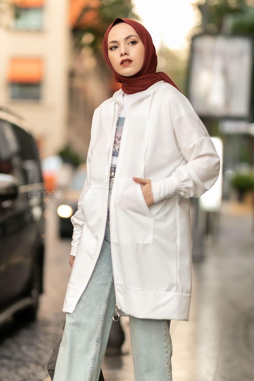 Modalamelif Cep Fermuar Detaylı Kapüşonlu Hırka Beyaz