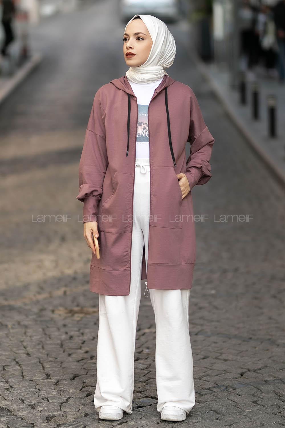 Modalamelif Kanguru Cep Fermuar Detaylı Kapüşonlu Hırka Eflatun