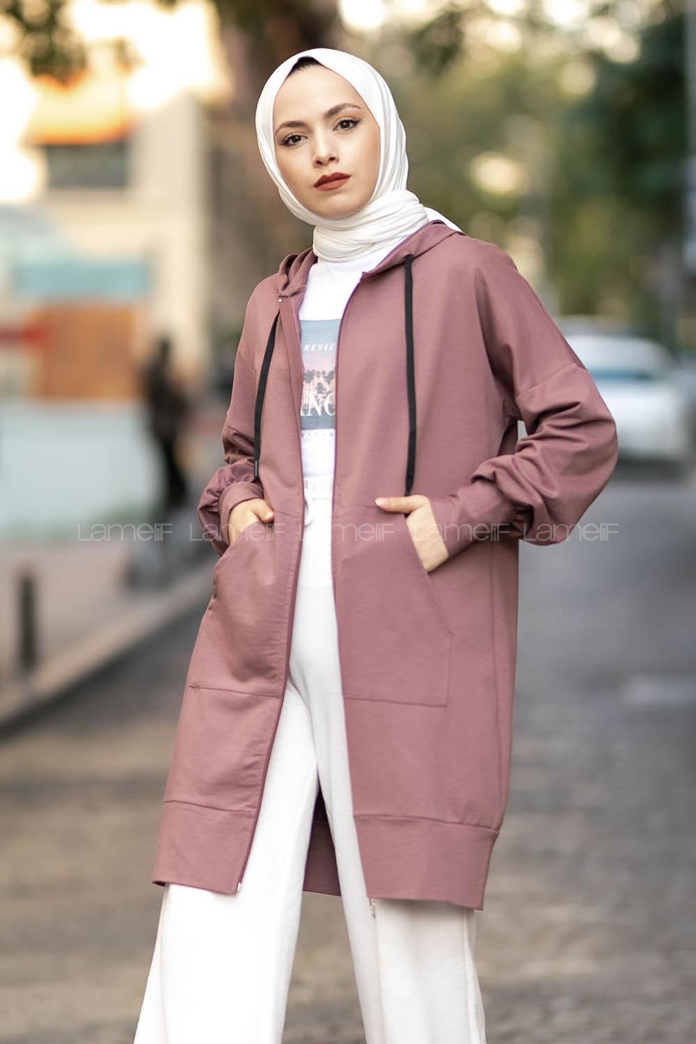 Modalamelif Kanguru Cep Fermuar Detaylı Kapüşonlu Hırka Eflatun