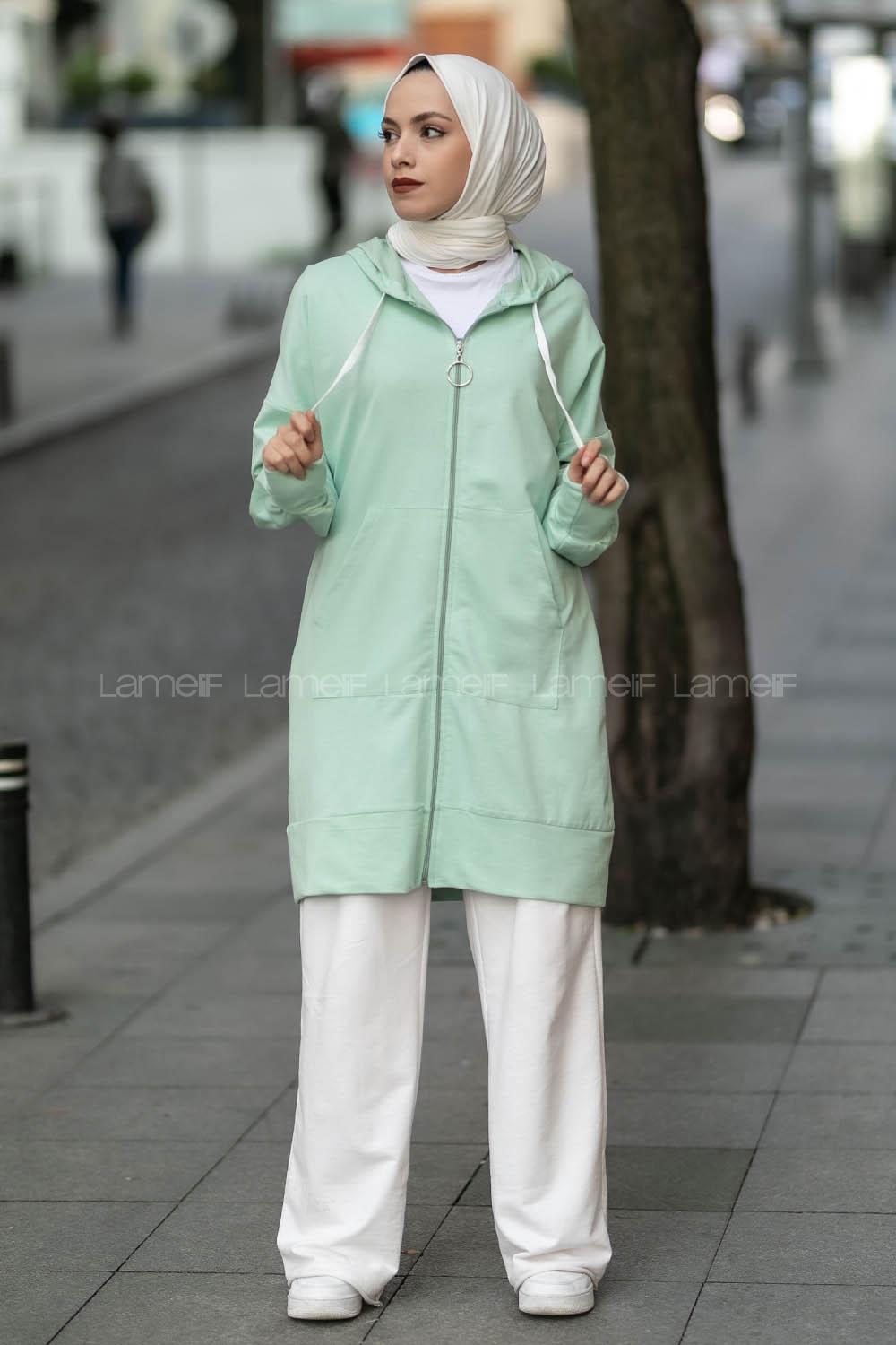 Modalamelif Kanguru Cep Fermuar Detaylı Kapüşonlu Hırka Su Yeşili