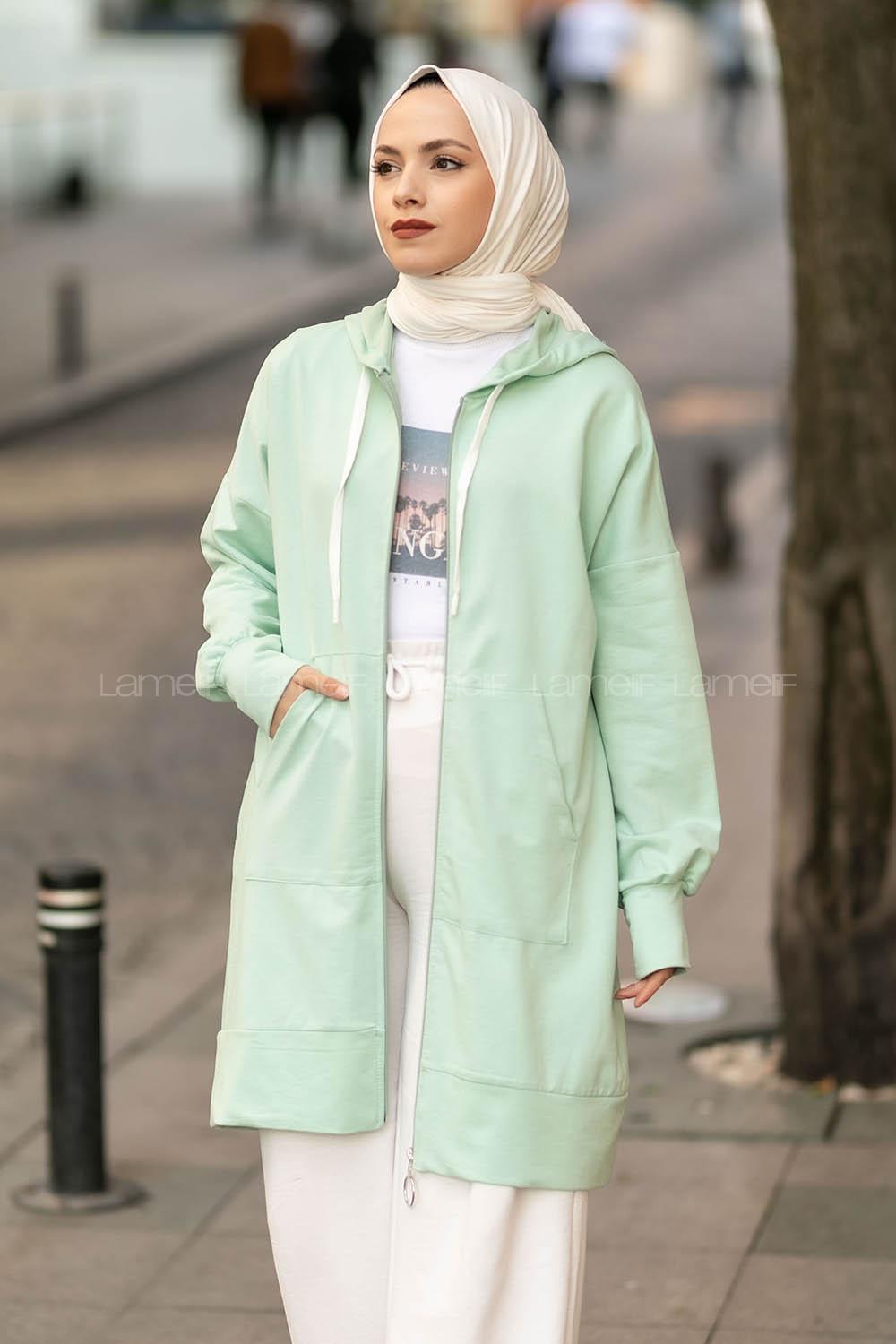 Modalamelif Kanguru Cep Fermuar Detaylı Kapüşonlu Hırka Su Yeşili
