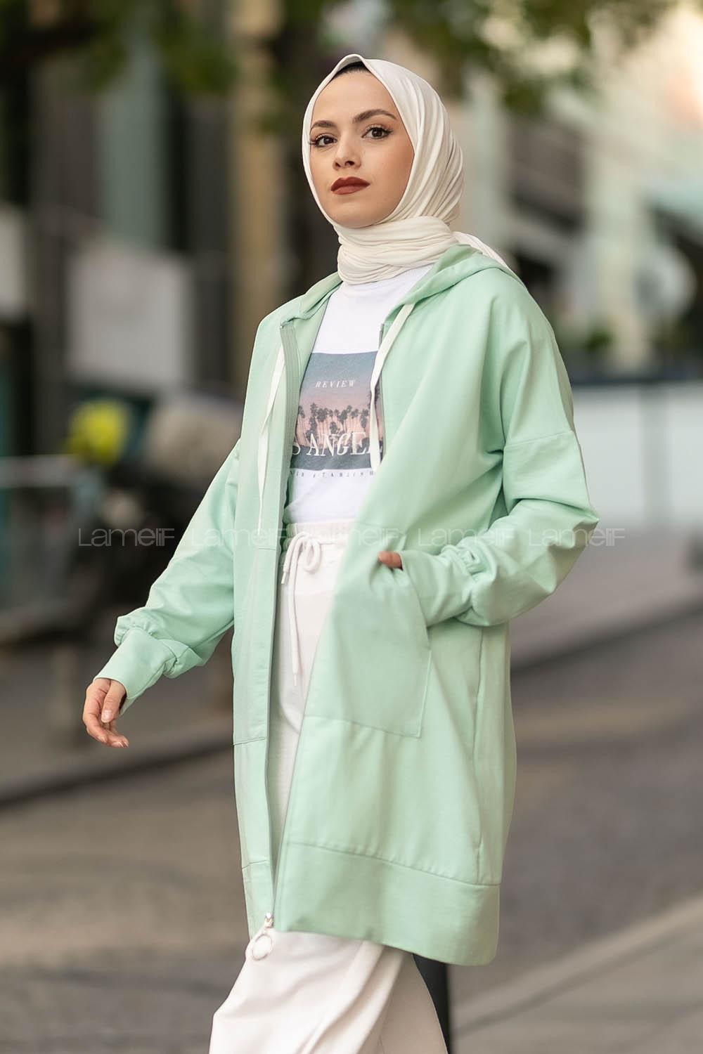 Modalamelif Kanguru Cep Fermuar Detaylı Kapüşonlu Hırka Su Yeşili