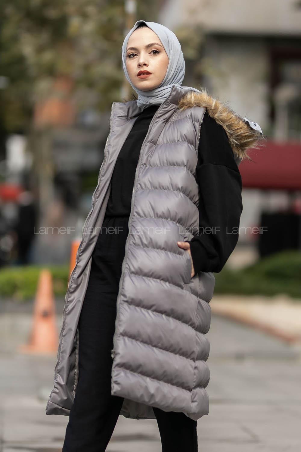 Modalamelif Kapüşonlu Kürklü Çift Cepli Fermuarlı Şişme Mont Yelek Gri