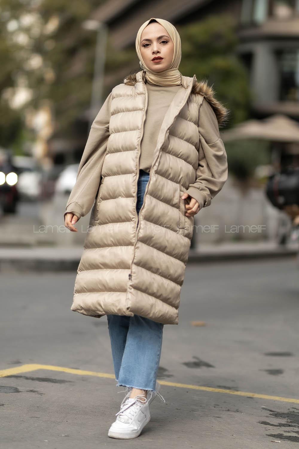 Modalamelif Kapüşonlu Kürklü Çift Cepli Fermuarlı Şişme Mont Yelek Krem