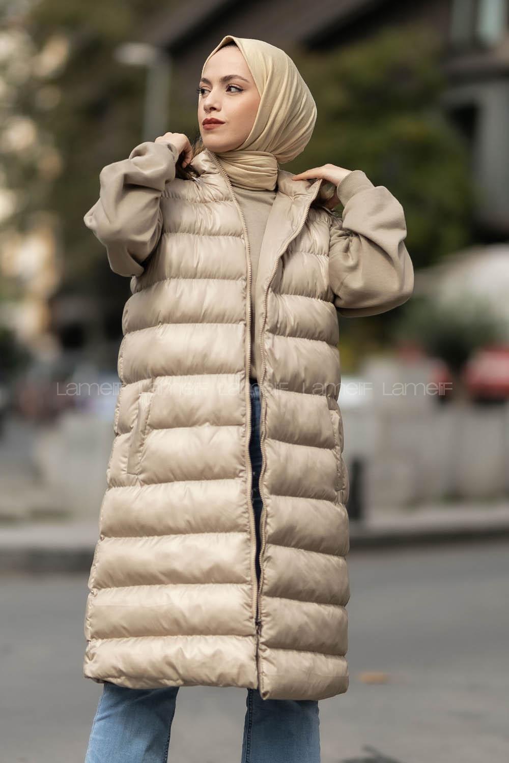 Modalamelif Kapüşonlu Kürklü Çift Cepli Fermuarlı Şişme Mont Yelek Krem