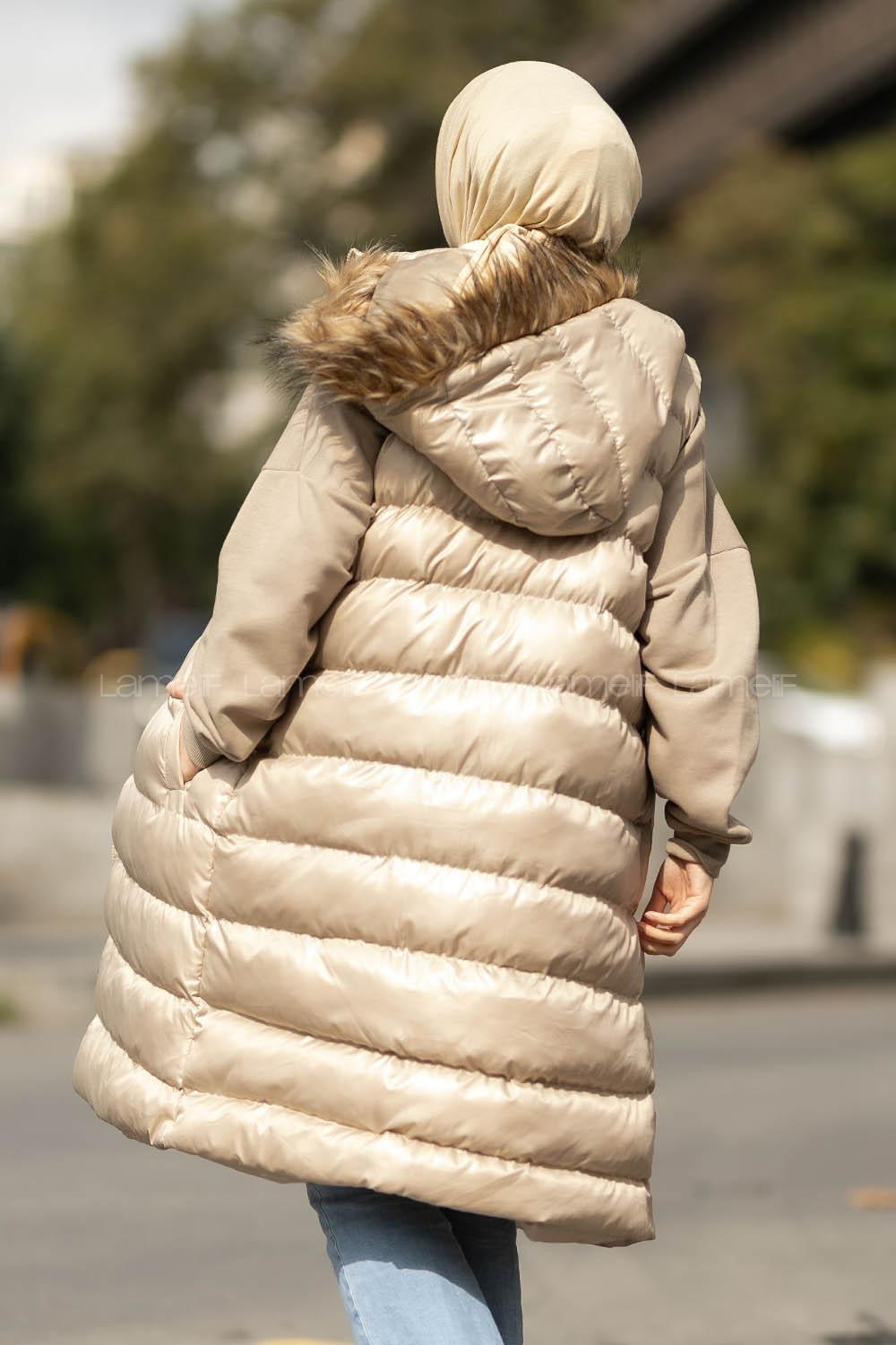 Modalamelif Kapüşonlu Kürklü Çift Cepli Fermuarlı Şişme Mont Yelek Krem