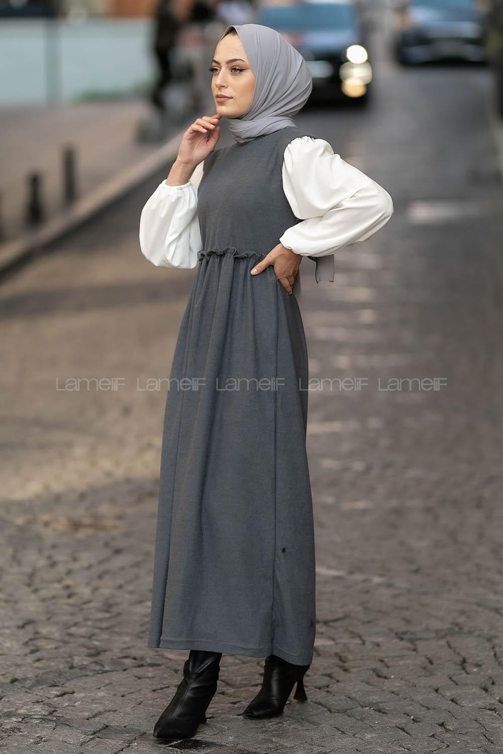 Modalamelif Kol Garnili Beli Büzgü Detaylı Triko Elbise Füme