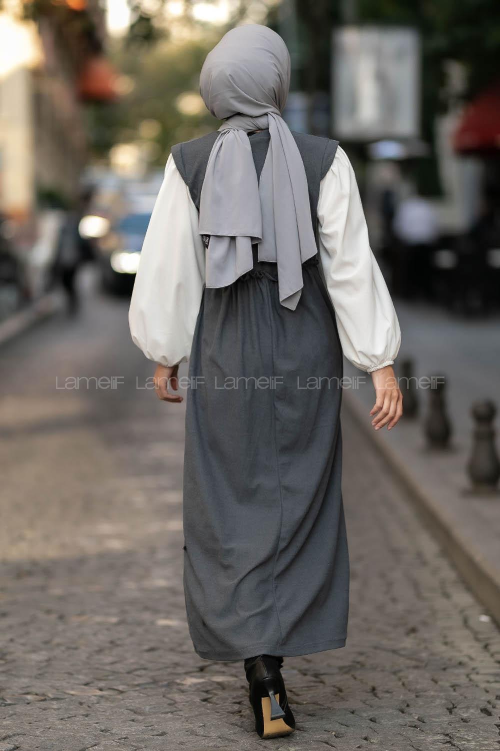 Modalamelif Kol Garnili Beli Büzgü Detaylı Triko Elbise Füme