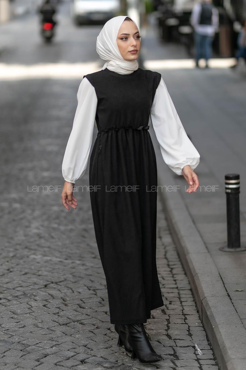 Modalamelif Kol Garnili Beli Büzgü Detaylı Triko Elbise Siyah