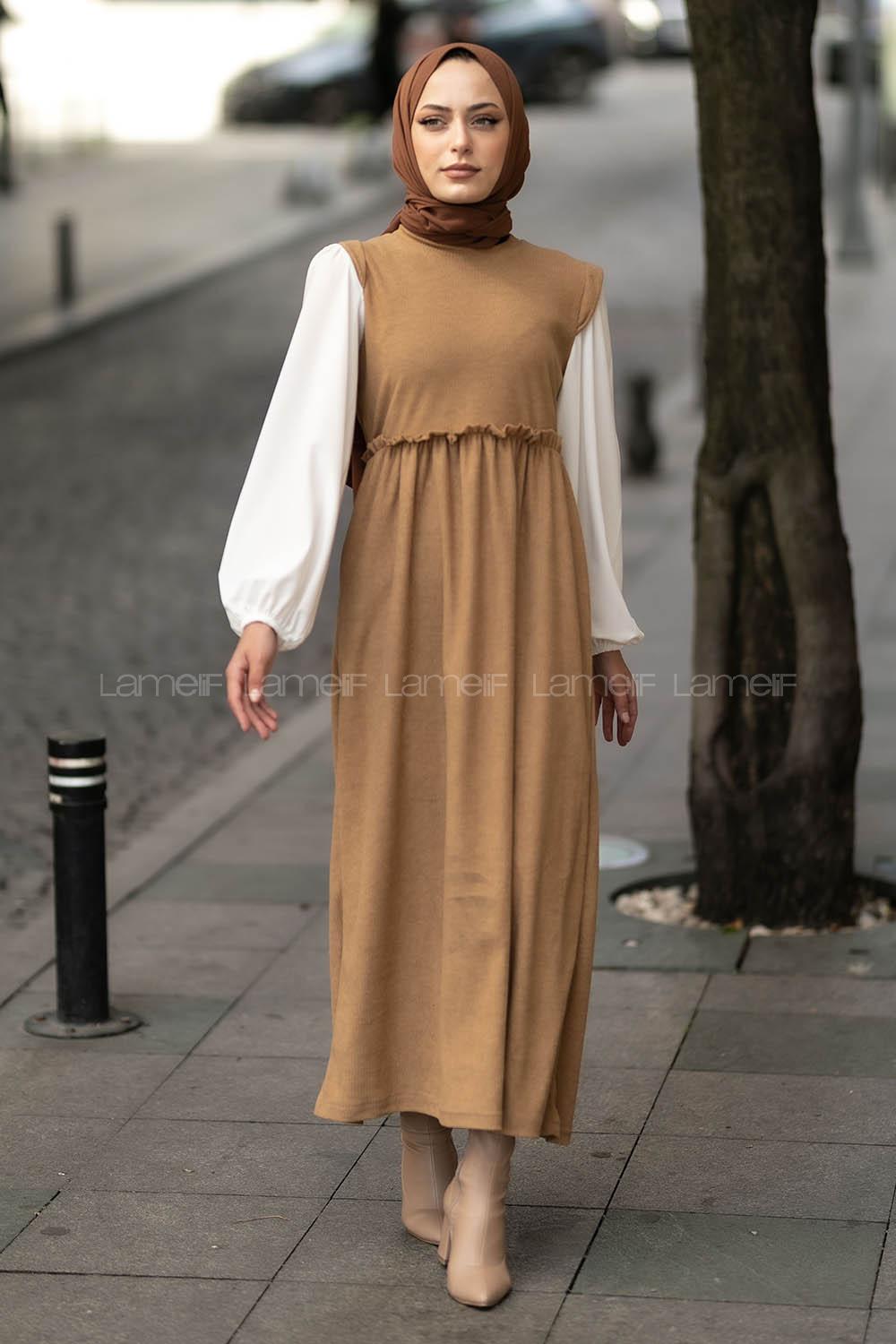 Modalamelif Kol Garnili Beli Büzgü Detaylı Triko Elbise Sütlükahve