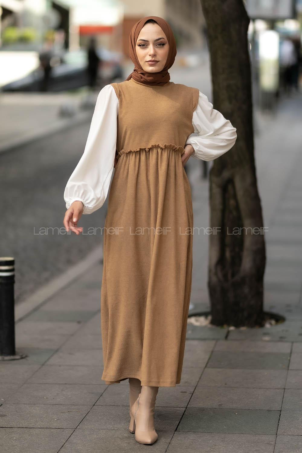 Modalamelif Kol Garnili Beli Büzgü Detaylı Triko Elbise Sütlükahve
