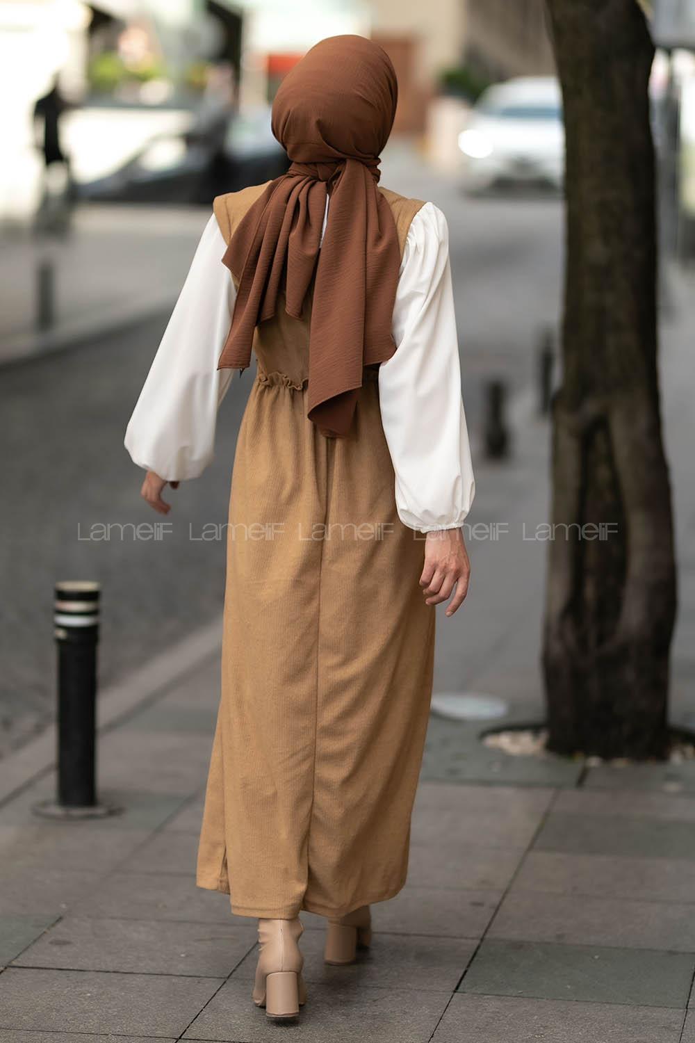 Modalamelif Kol Garnili Beli Büzgü Detaylı Triko Elbise Sütlükahve