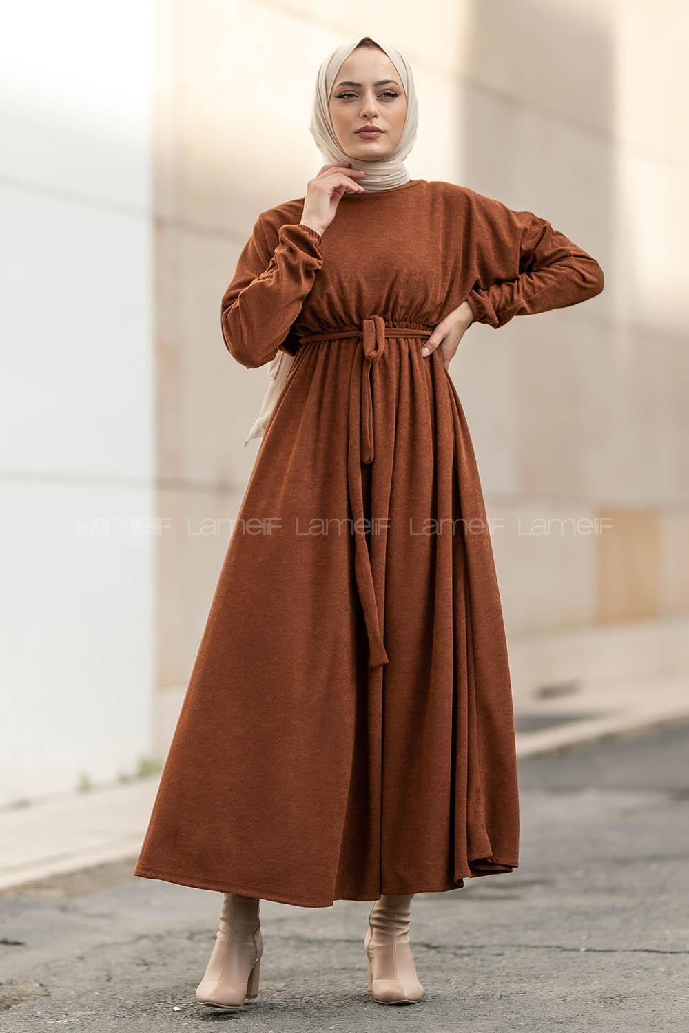 Modalamelif Kol ve Beli Büzgü Detaylı Kuşaklı Elbise Acıkahve