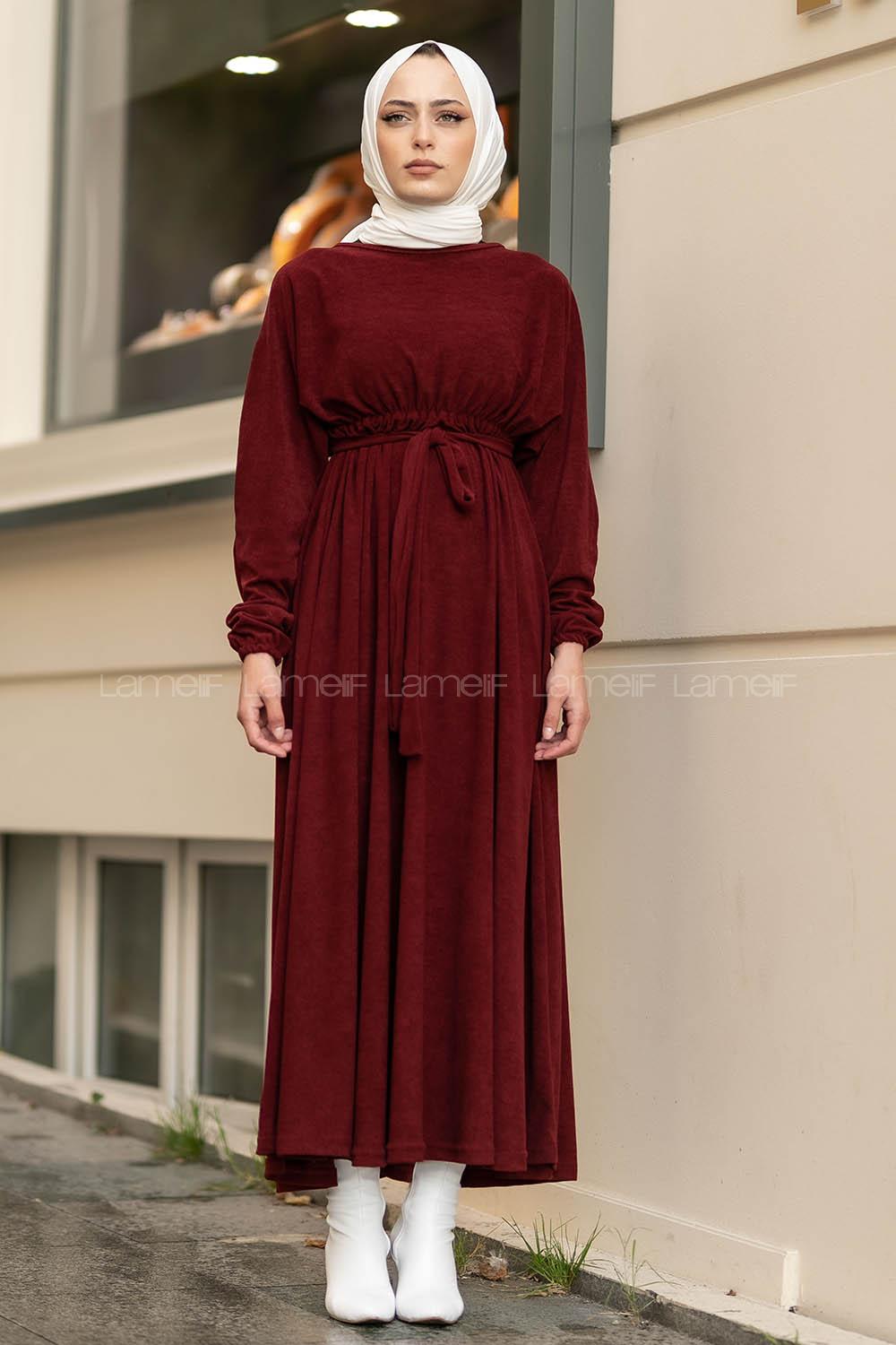 Modalamelif Kol ve Beli Büzgü Detaylı Kuşaklı Elbise Bordo