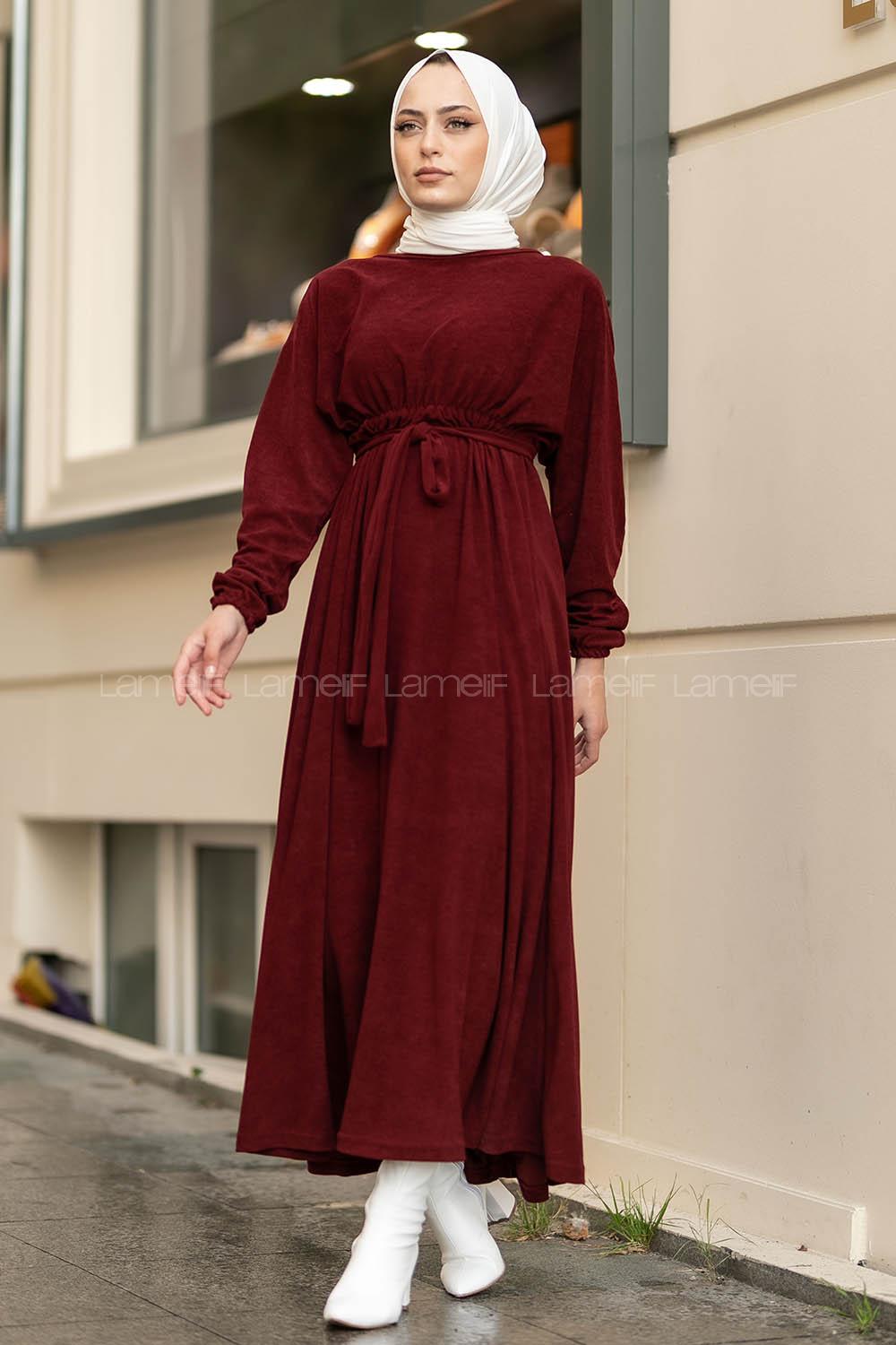Modalamelif Kol ve Beli Büzgü Detaylı Kuşaklı Elbise Bordo