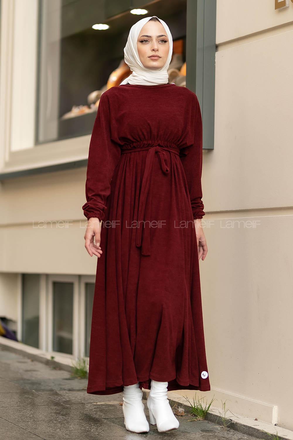 Modalamelif Kol ve Beli Büzgü Detaylı Kuşaklı Elbise Bordo