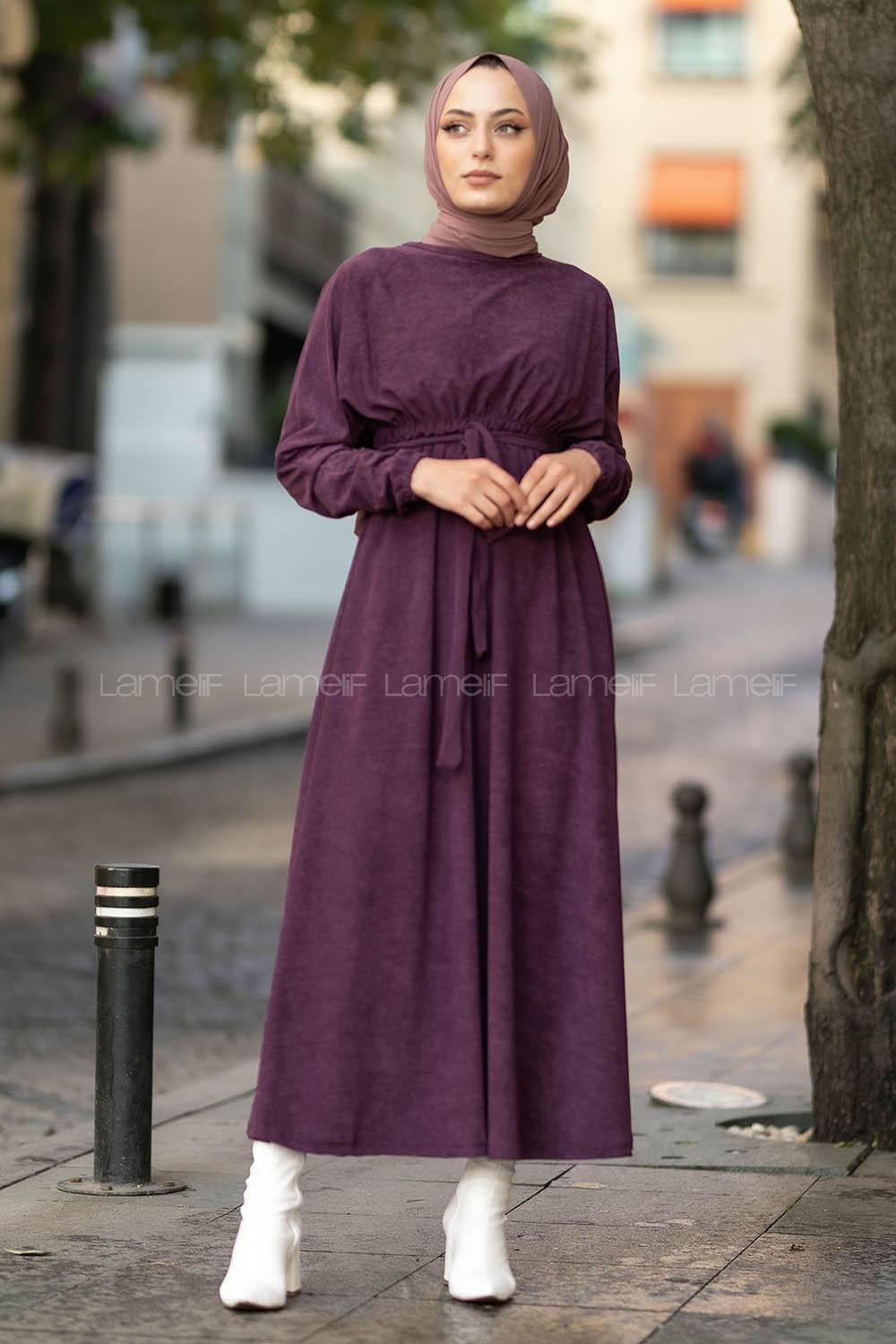 Modalamelif Kol ve Beli Büzgü Detaylı Kuşaklı Elbise Mor