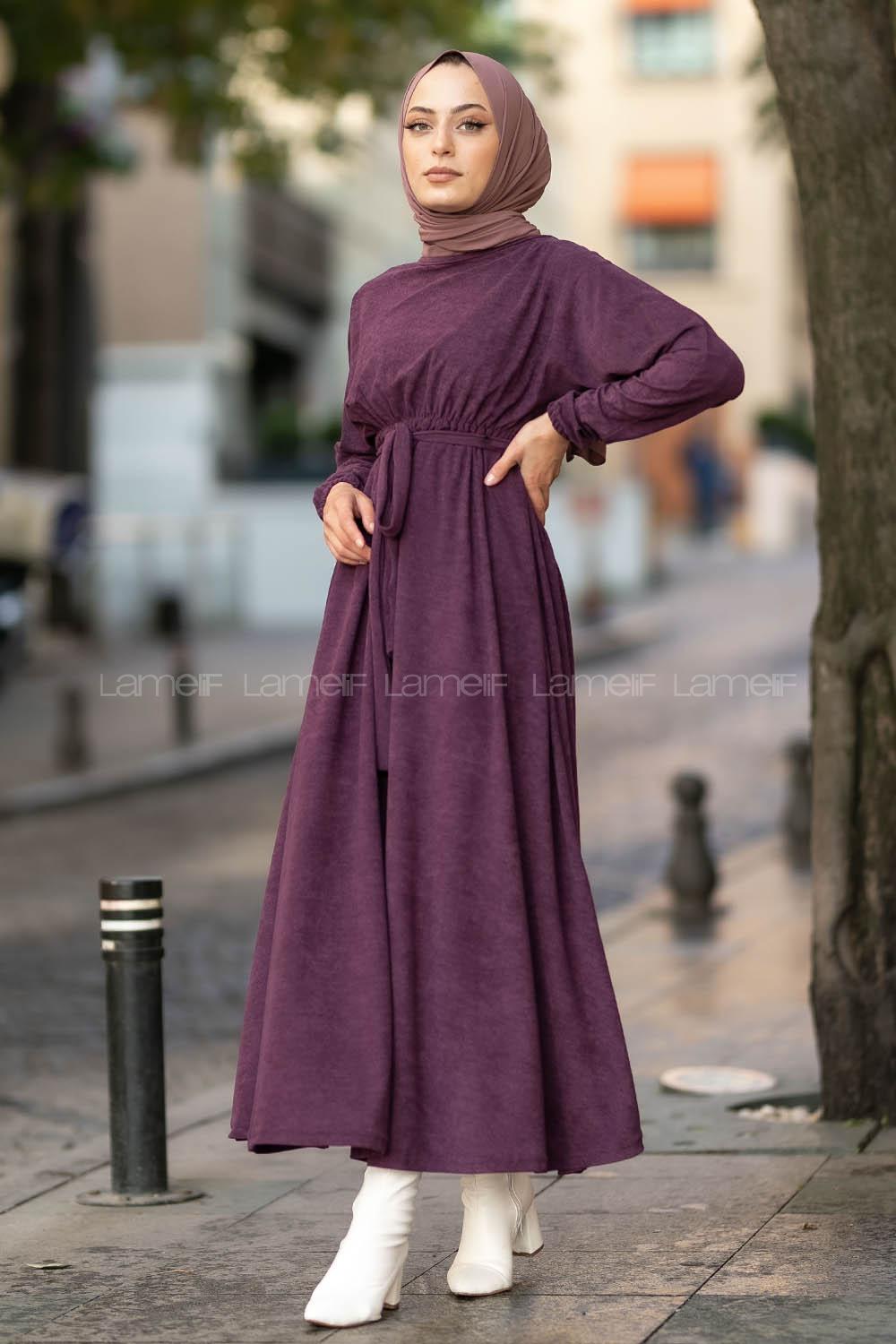 Modalamelif Kol ve Beli Büzgü Detaylı Kuşaklı Elbise Mor