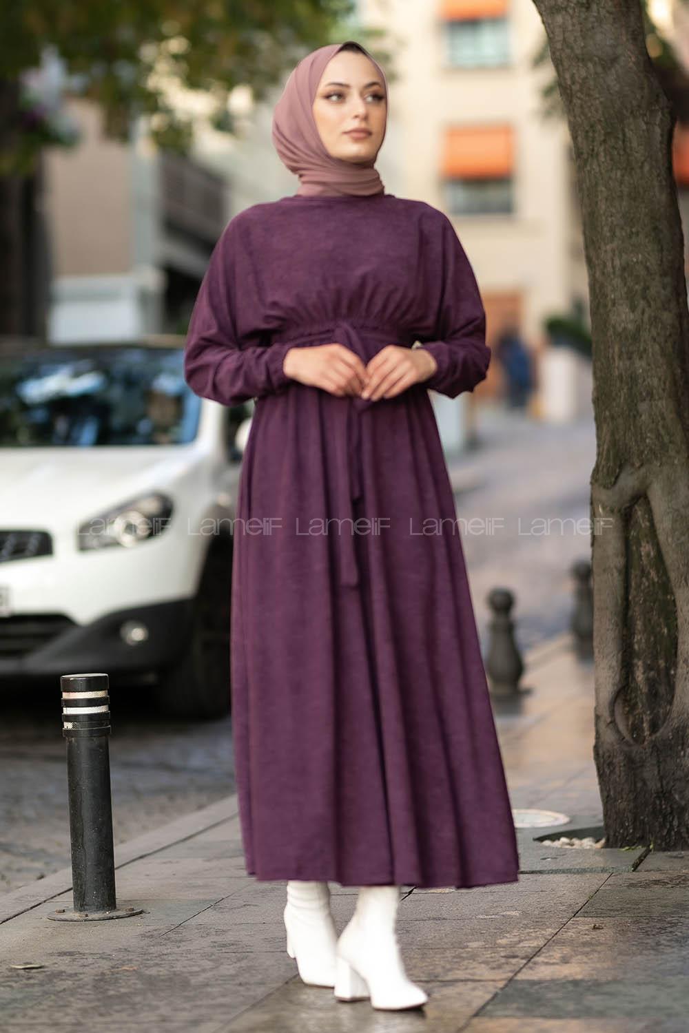 Modalamelif Kol ve Beli Büzgü Detaylı Kuşaklı Elbise Mor