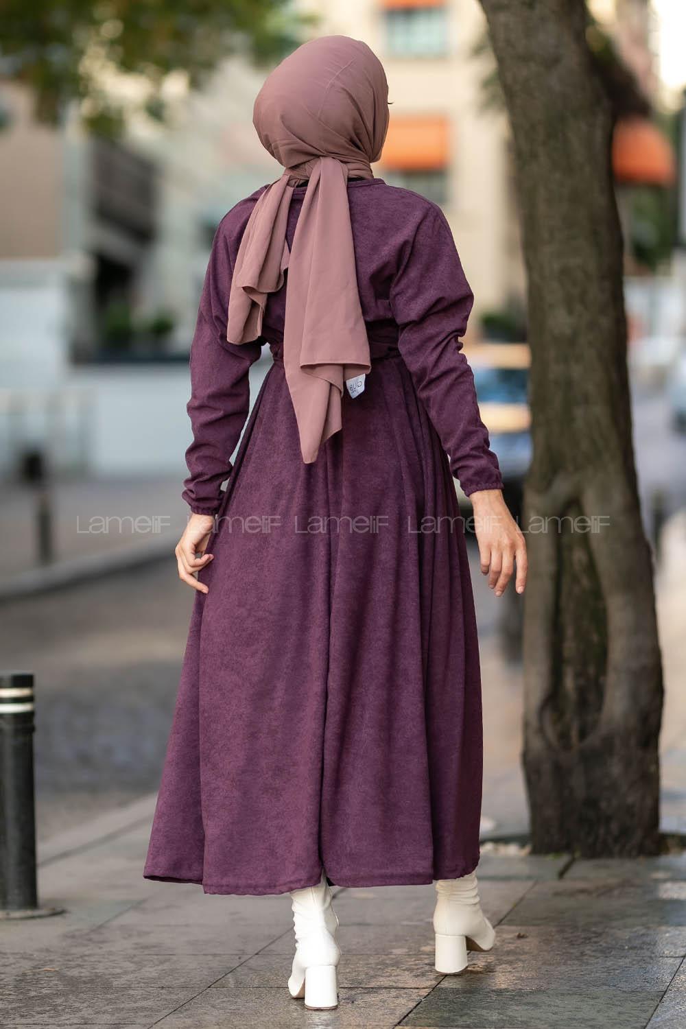 Modalamelif Kol ve Beli Büzgü Detaylı Kuşaklı Elbise Mor