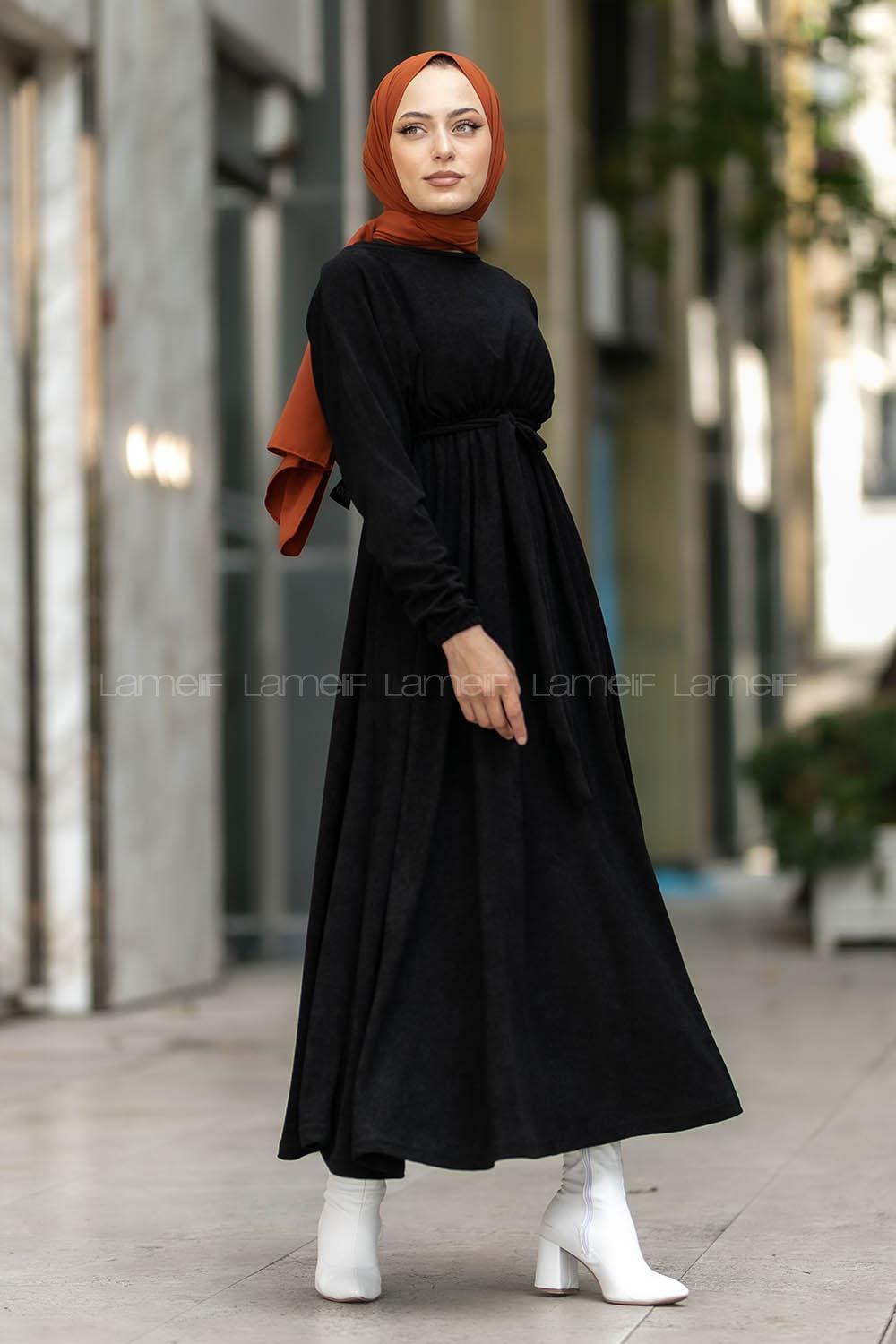 Modalamelif Kol ve Beli Büzgü Detaylı Kuşaklı Elbise Siyah