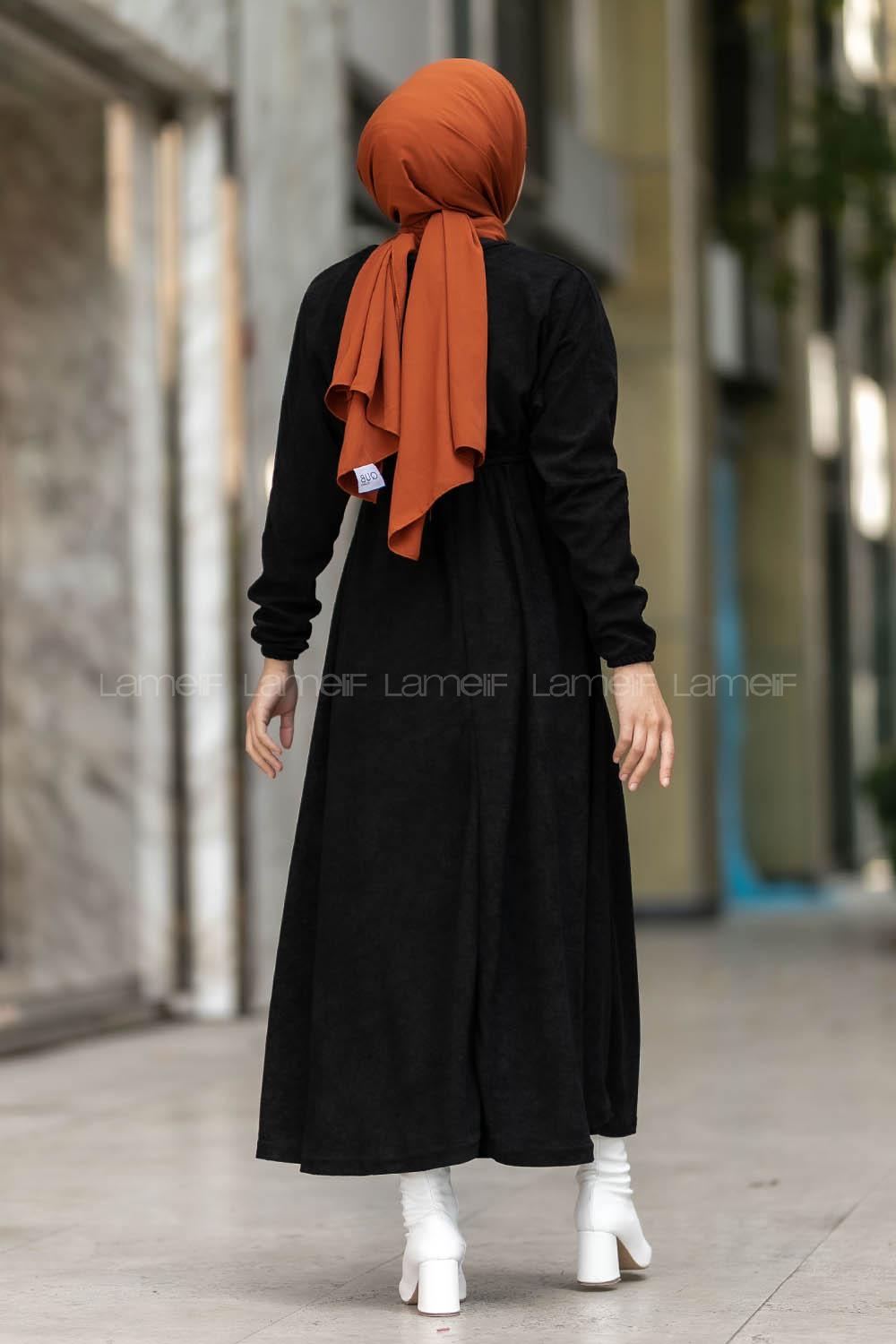 Modalamelif Kol ve Beli Büzgü Detaylı Kuşaklı Elbise Siyah