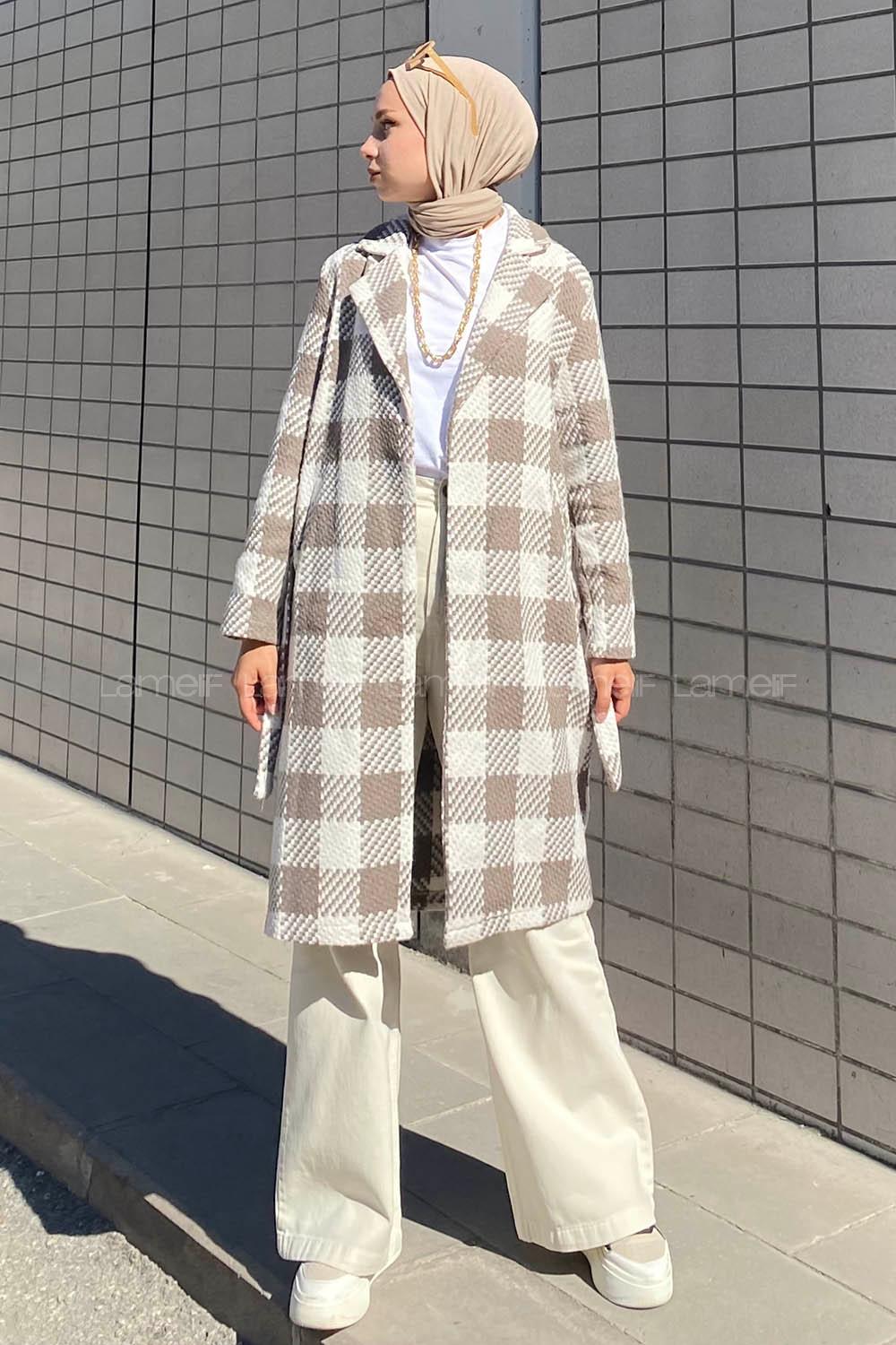 Modalamelif Kuşak Bağlama Detaylı Çift Cepli Kaban Bej