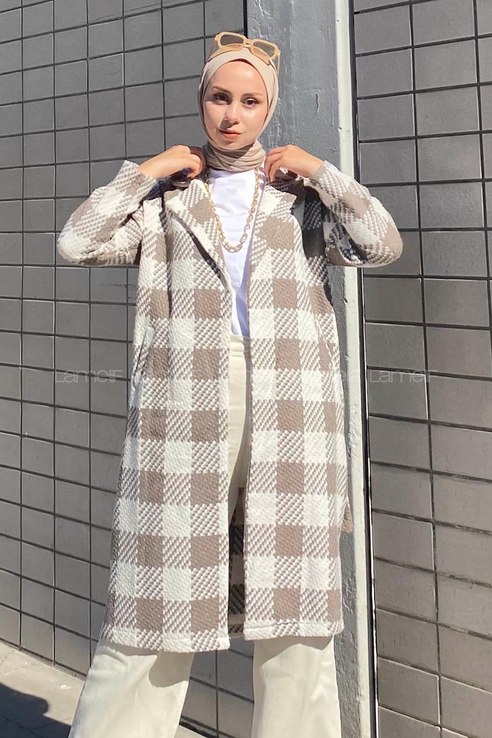 Modalamelif Kuşak Bağlama Detaylı Çift Cepli Kaban Bej