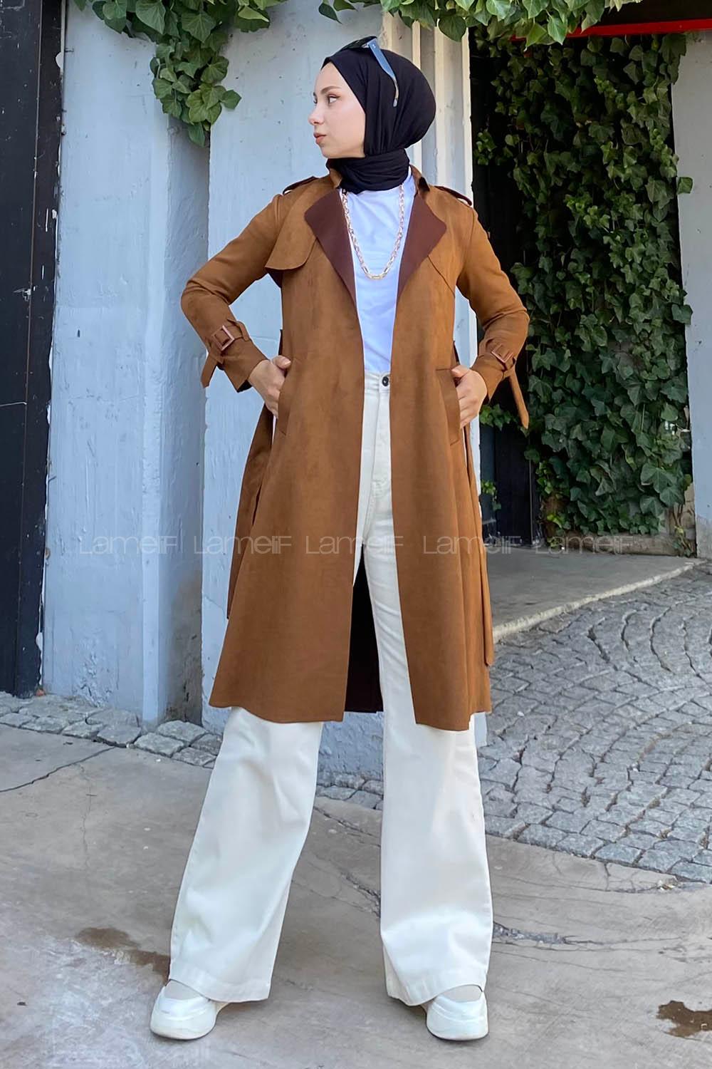 Modalamelif Kuşak Bağlamalı Omuz Apoletli Süet Trenç Kahverengi