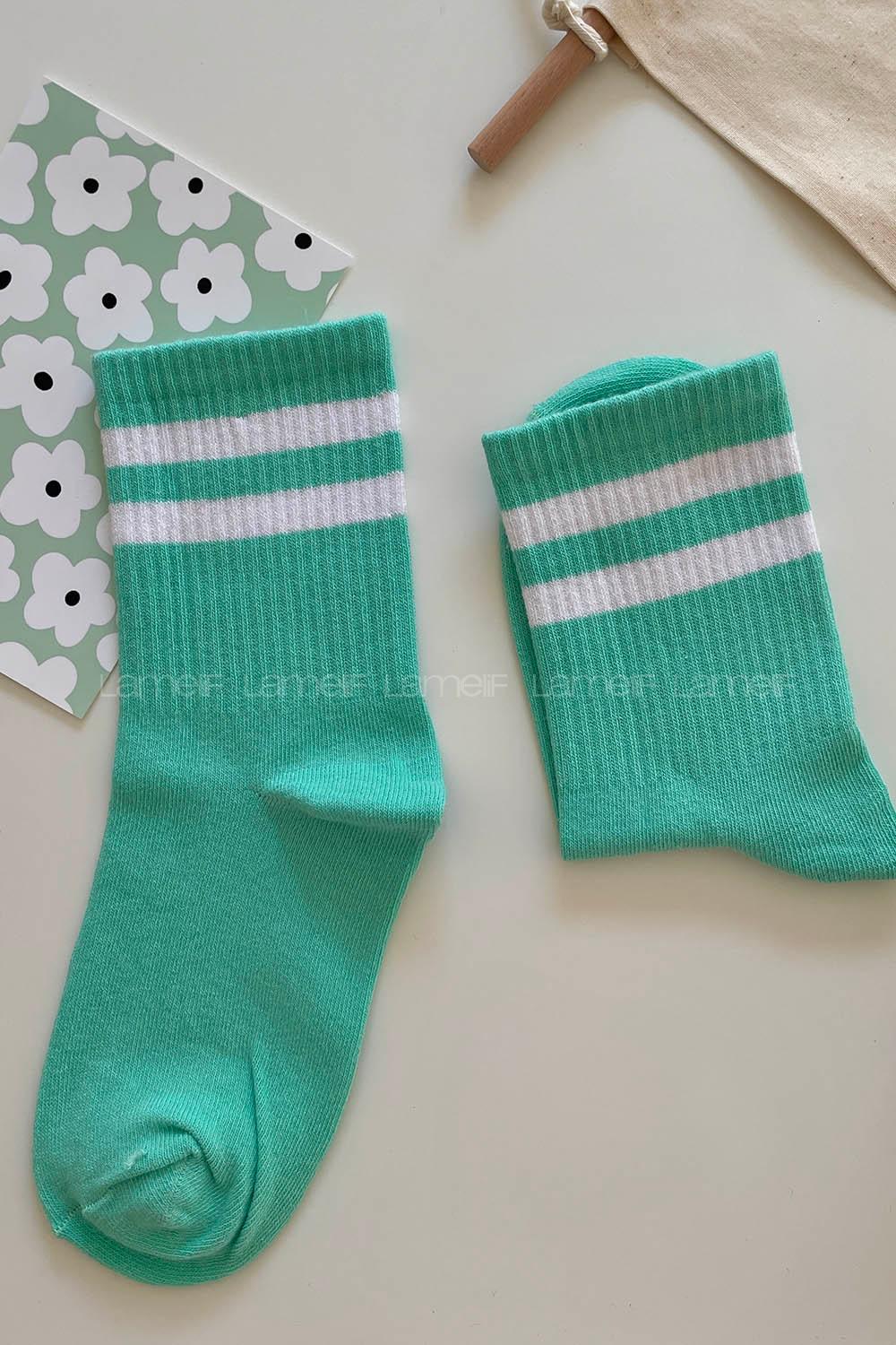 Modalamelif Mint Yeşili Beyaz Çizgili Soket Çorap