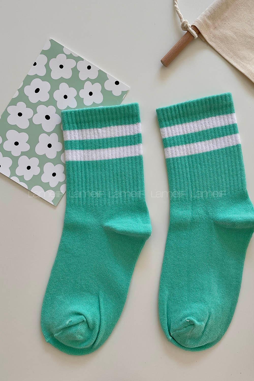 Modalamelif Mint Yeşili Beyaz Çizgili Soket Çorap