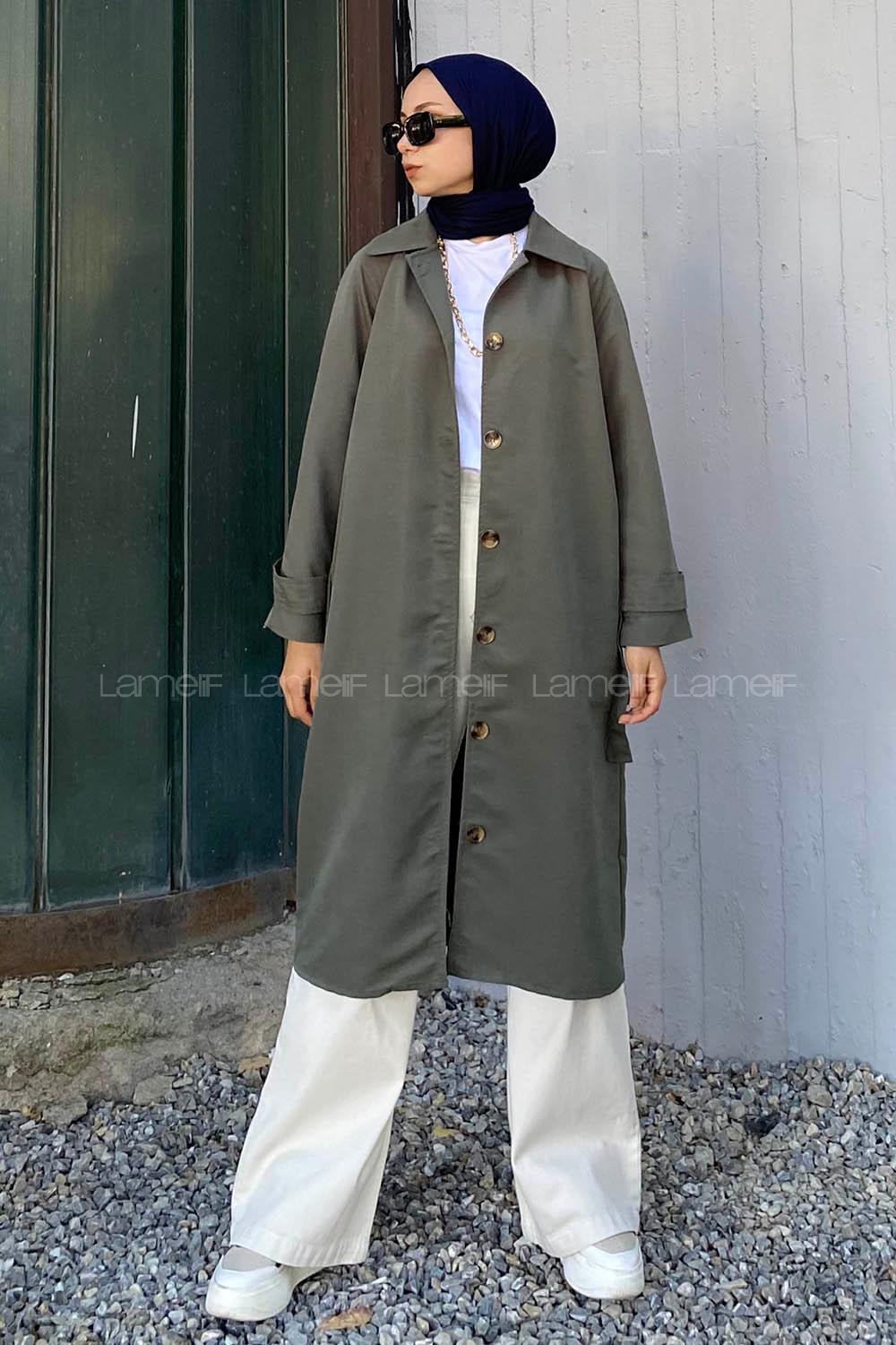 Modalamelif Önü Boydan Düğmeli Beli Kemerli Trenç Haki