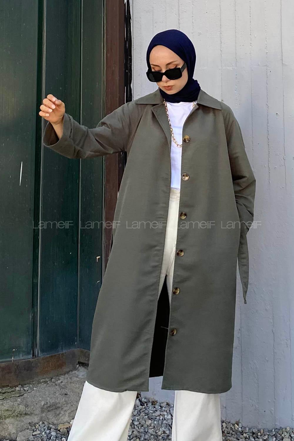 Modalamelif Önü Boydan Düğmeli Beli Kemerli Trenç Haki