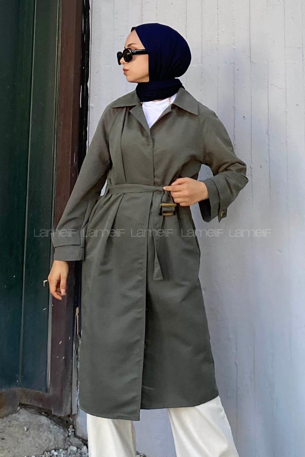 Modalamelif Önü Boydan Düğmeli Beli Kemerli Trenç Haki