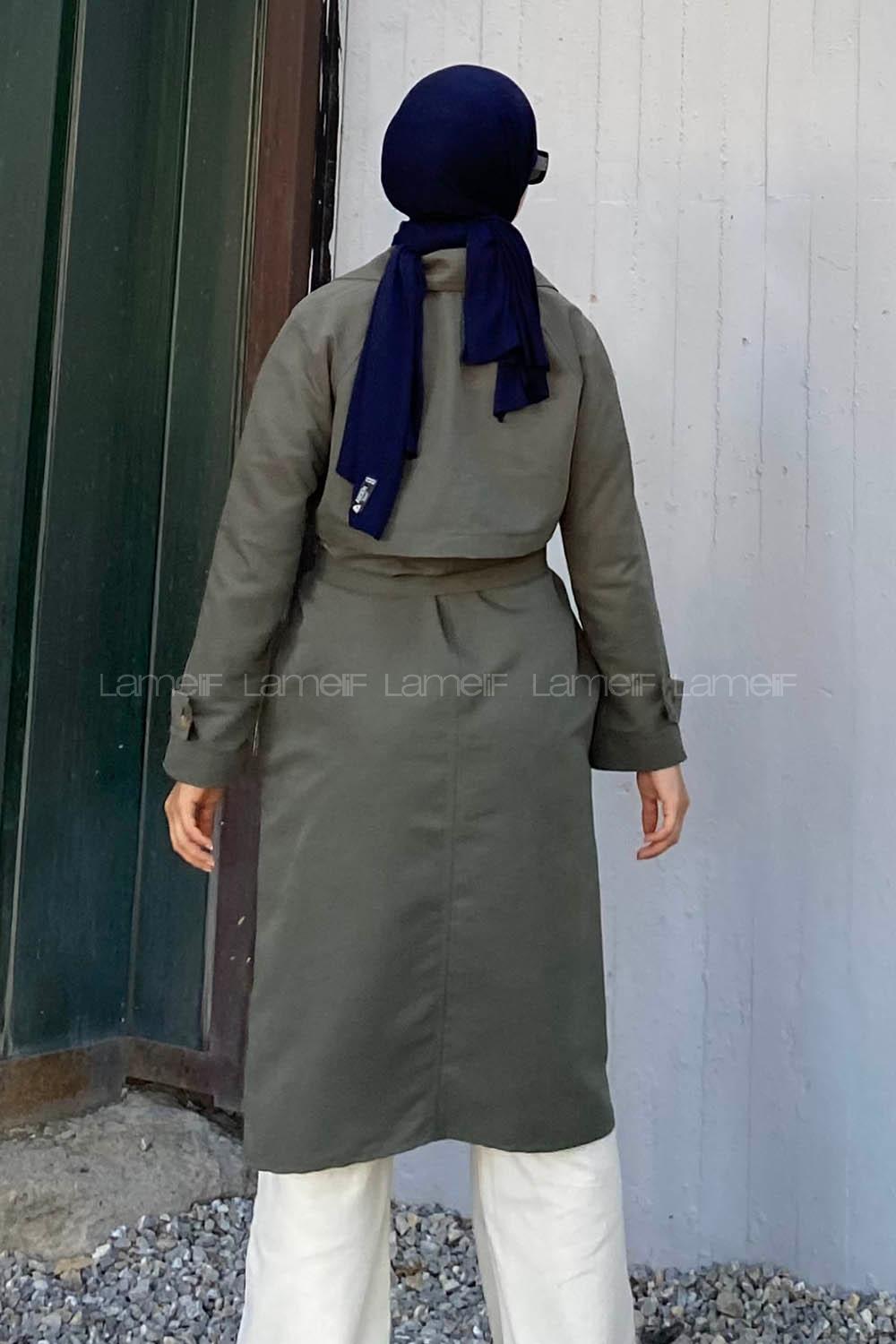 Modalamelif Önü Boydan Düğmeli Beli Kemerli Trenç Haki