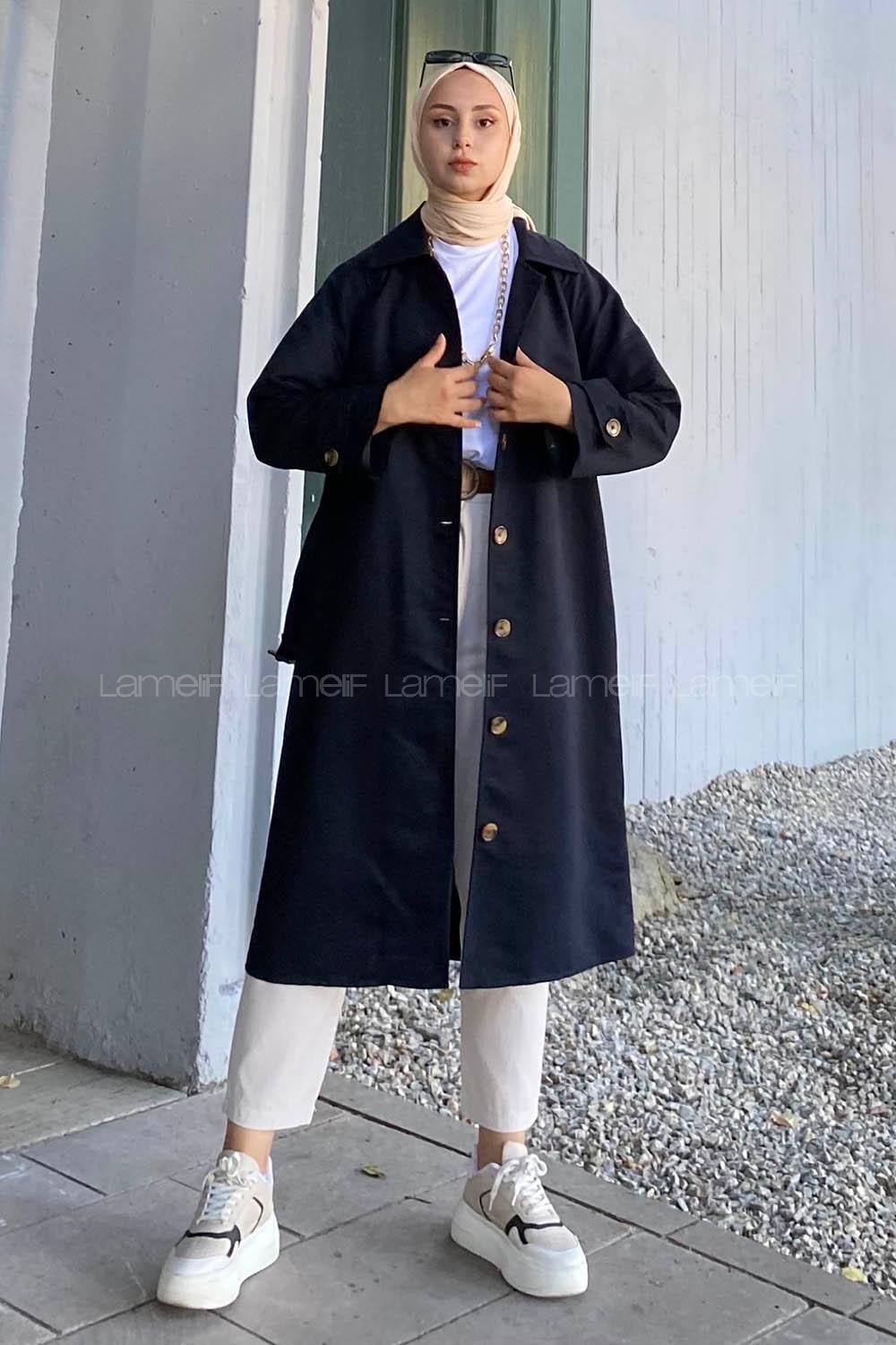 Modalamelif Önü Boydan Düğmeli Beli Kemerli Trenç Siyah