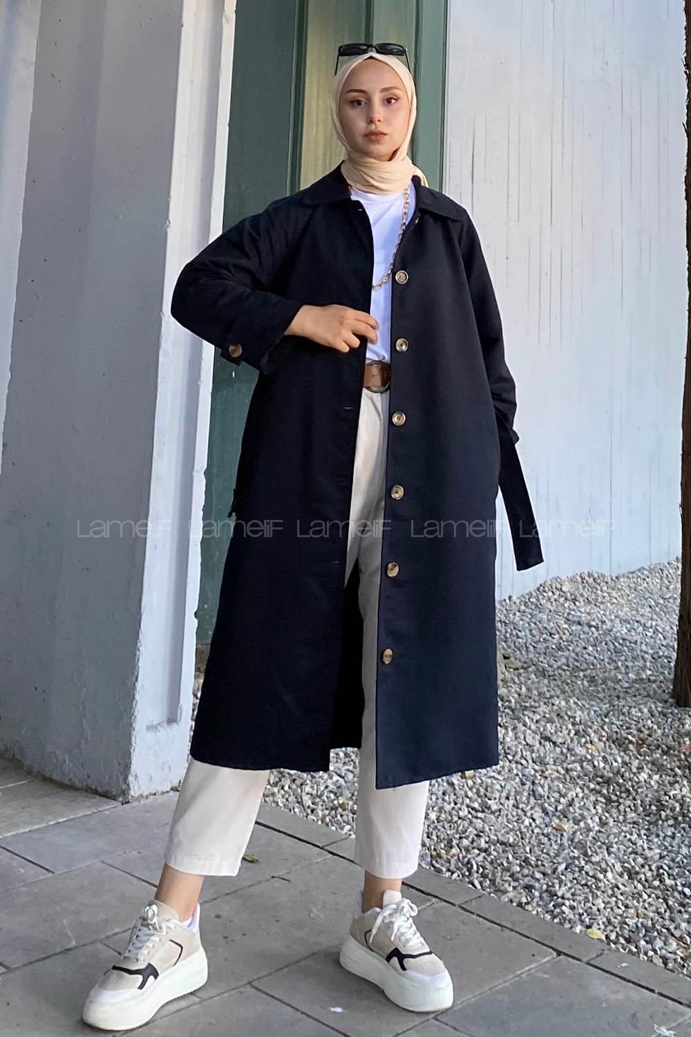 Modalamelif Önü Boydan Düğmeli Beli Kemerli Trenç Siyah