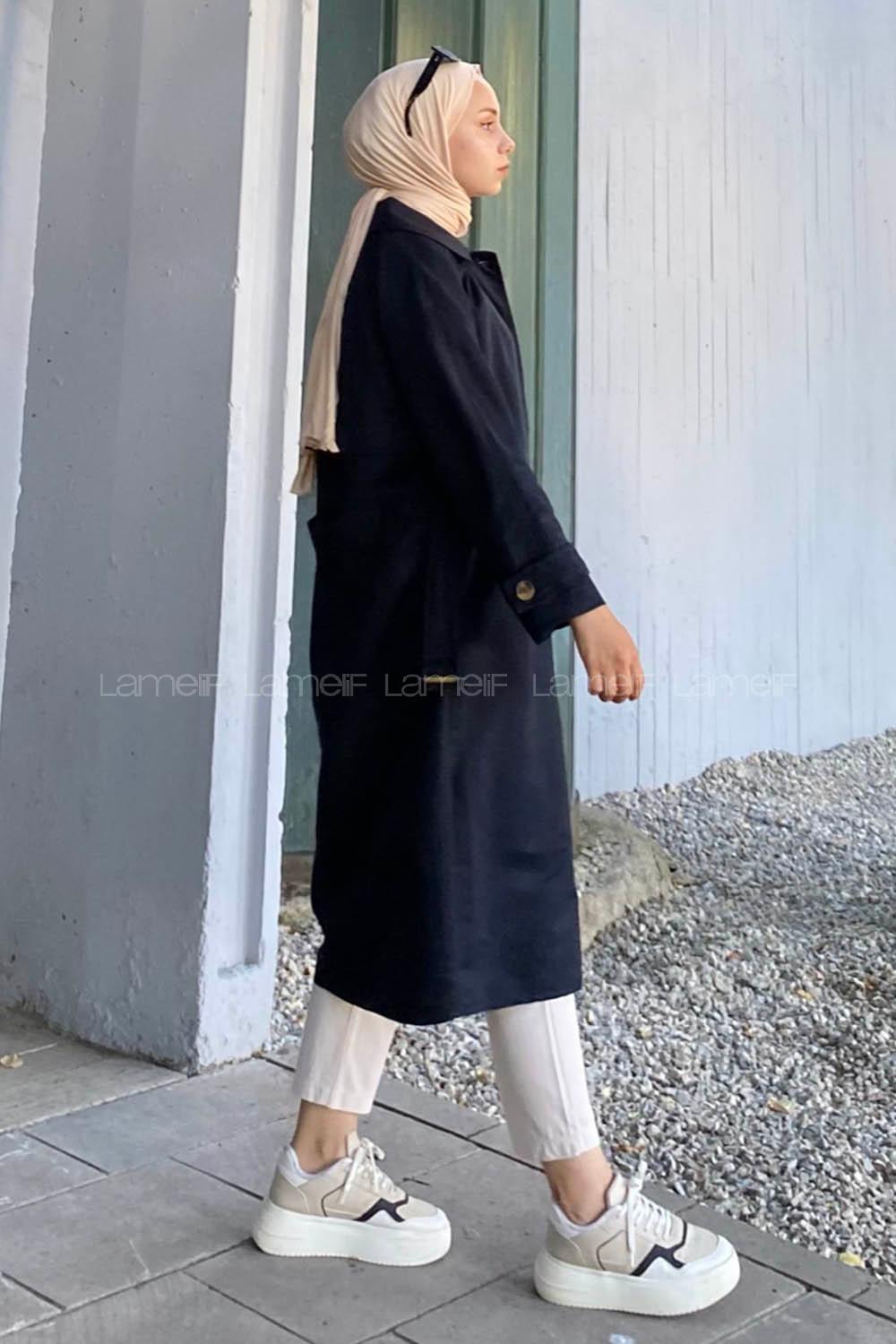 Modalamelif Önü Boydan Düğmeli Beli Kemerli Trenç Siyah