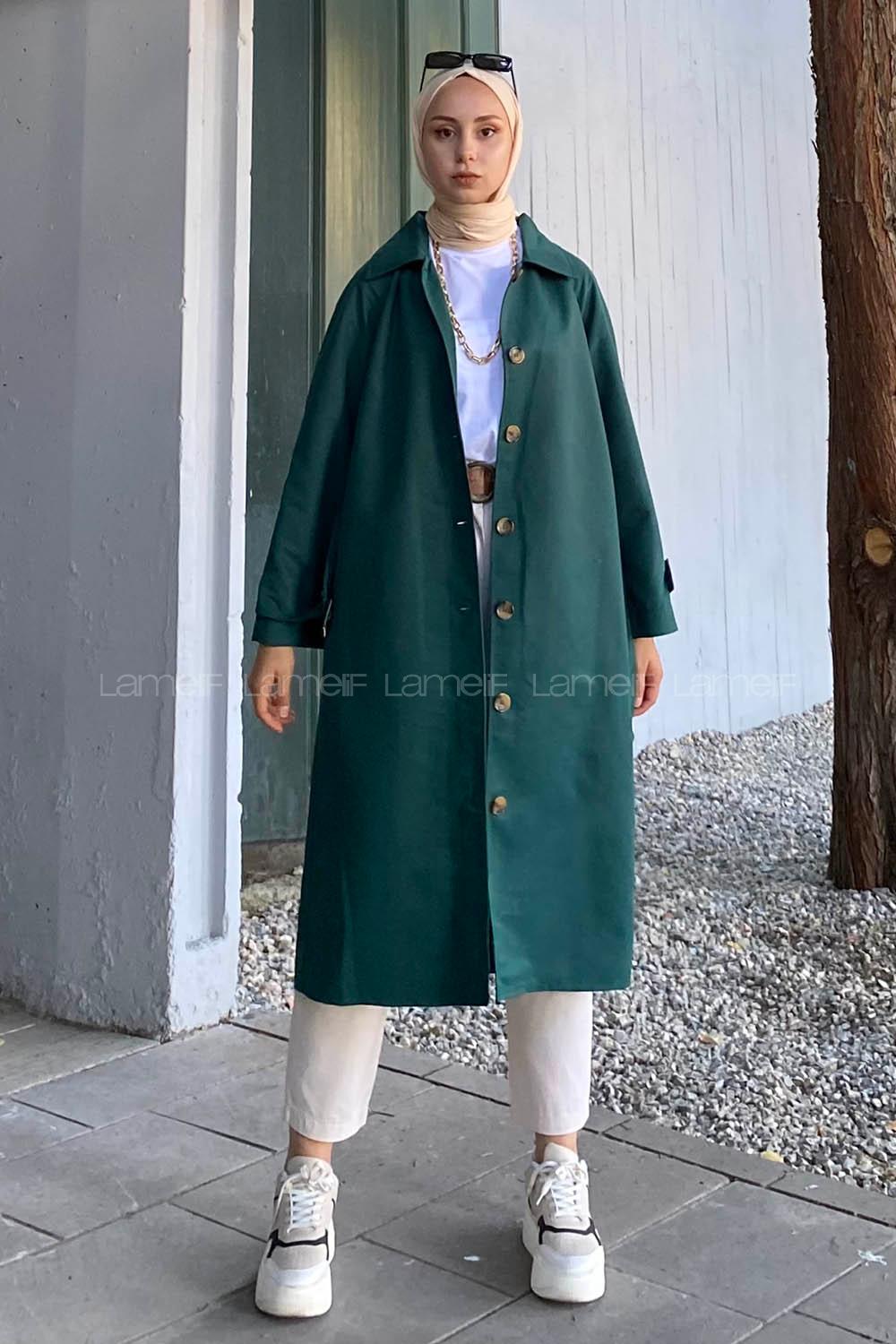 Modalamelif Önü Boydan Düğmeli Beli Kemerli Trenç Zümrüt