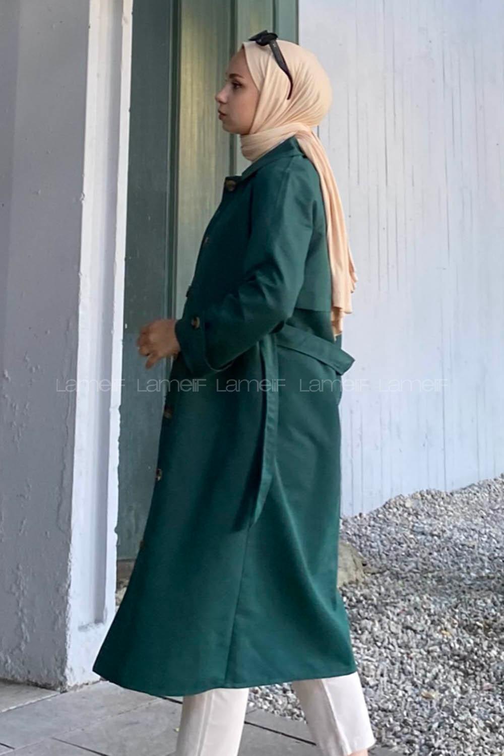 Modalamelif Önü Boydan Düğmeli Beli Kemerli Trenç Zümrüt