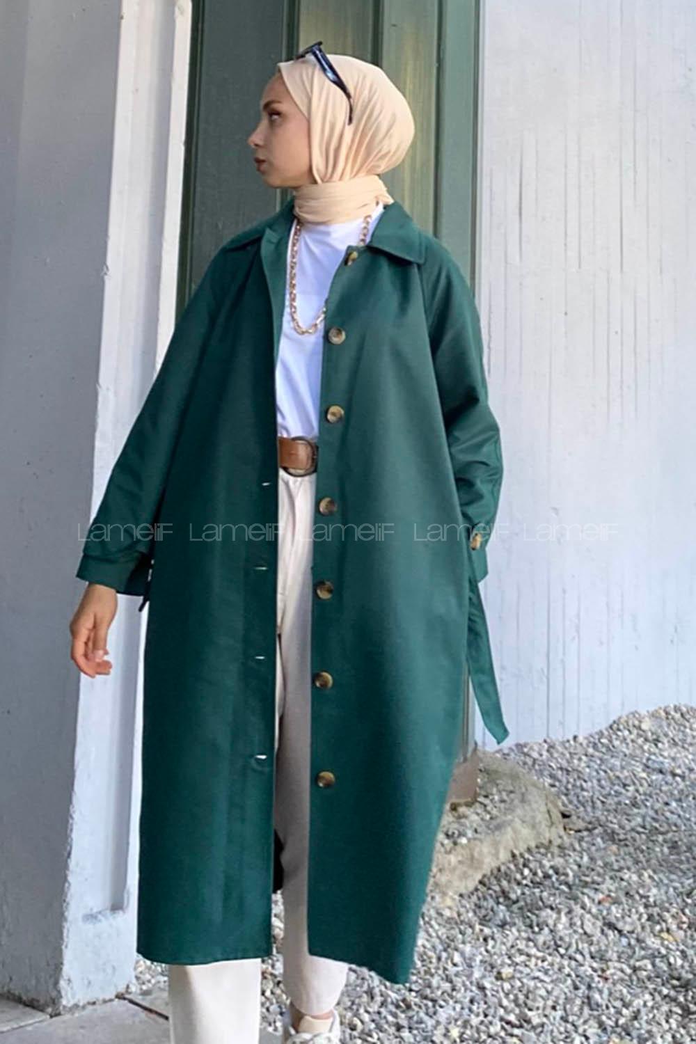 Modalamelif Önü Boydan Düğmeli Beli Kemerli Trenç Zümrüt