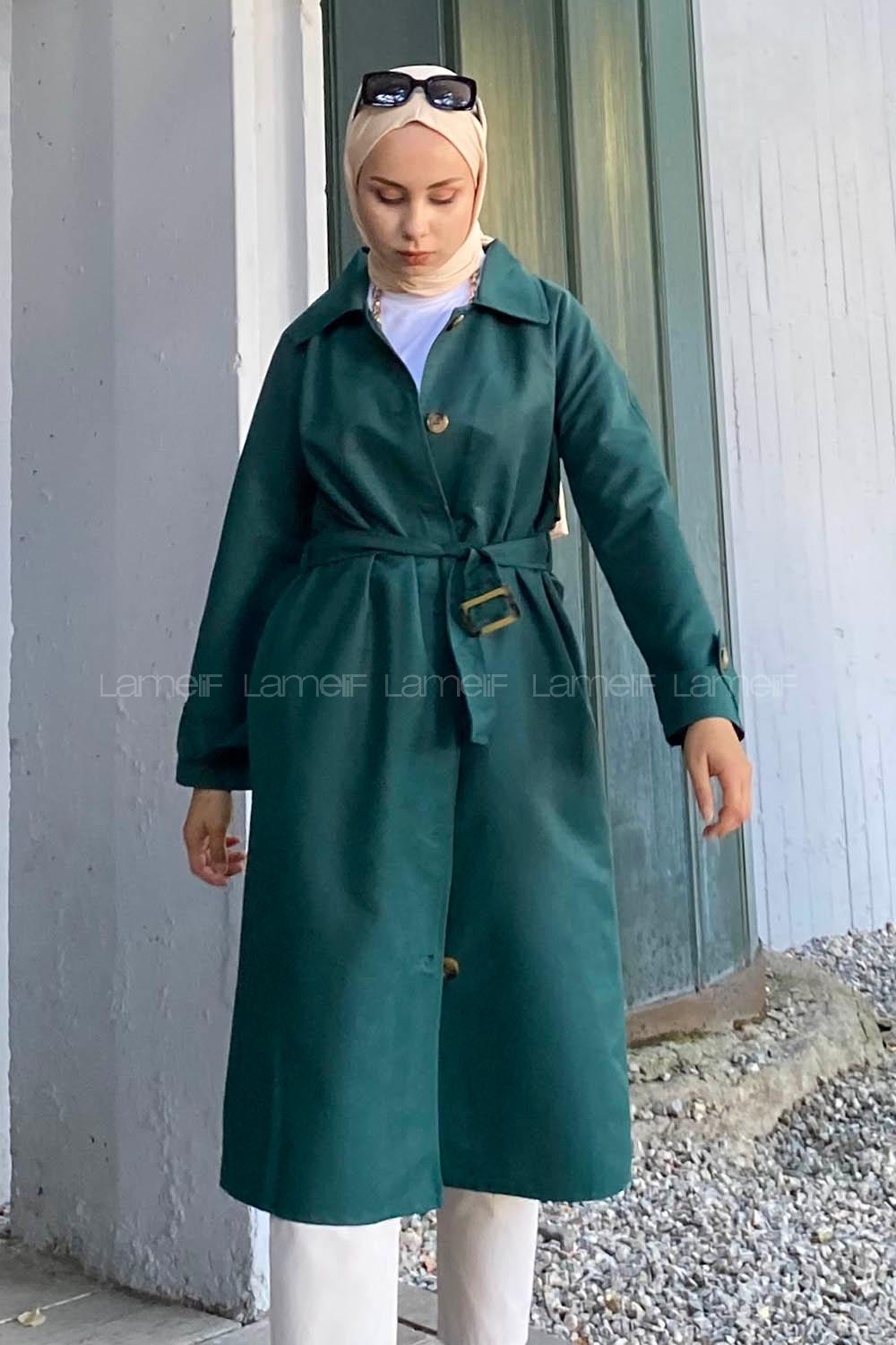 Modalamelif Önü Boydan Düğmeli Beli Kemerli Trenç Zümrüt