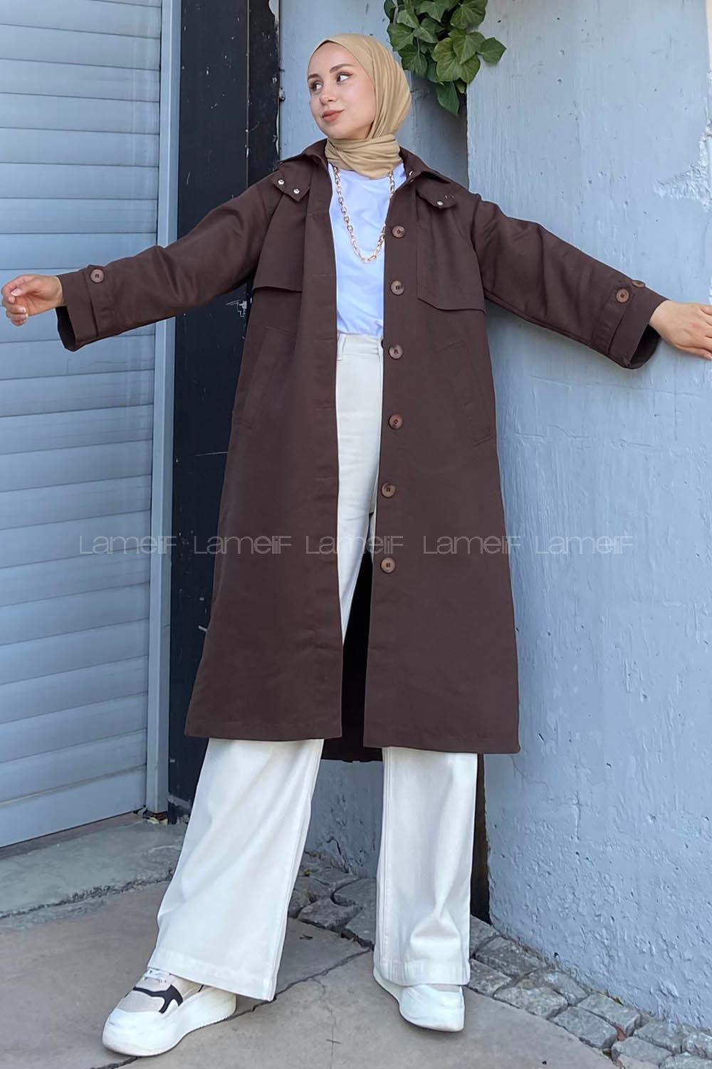 Modalamelif Önü Boydan Düğmeli Kapüşon Detaylı Trenç Acıkahve