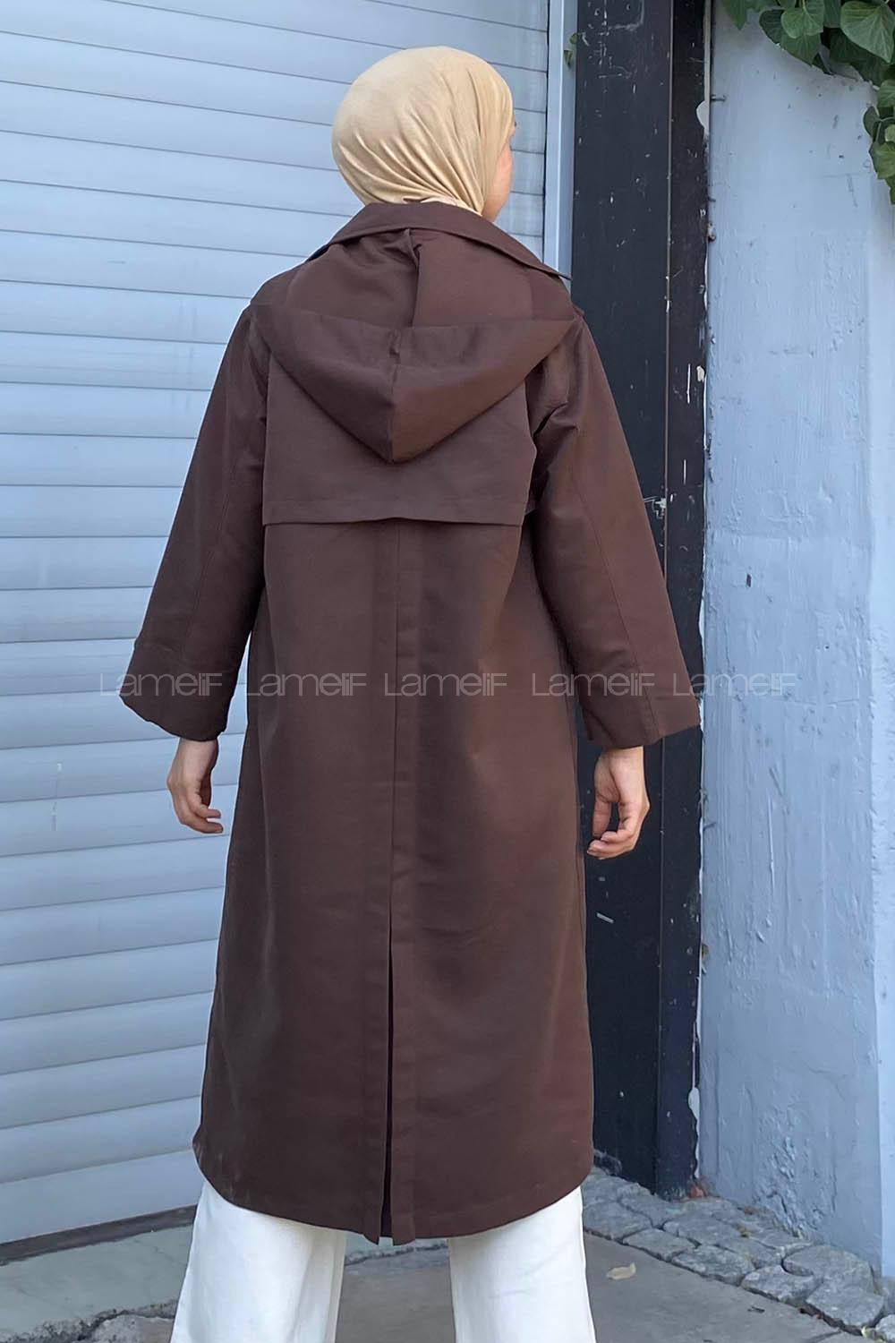 Modalamelif Önü Boydan Düğmeli Kapüşon Detaylı Trenç Acıkahve