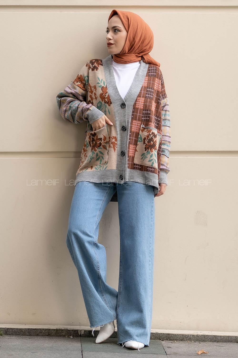 Modalamelif Önü Düğme Detaylı Kilim Desenli Çift Çepli Triko Hırka Açık Gri - Bej