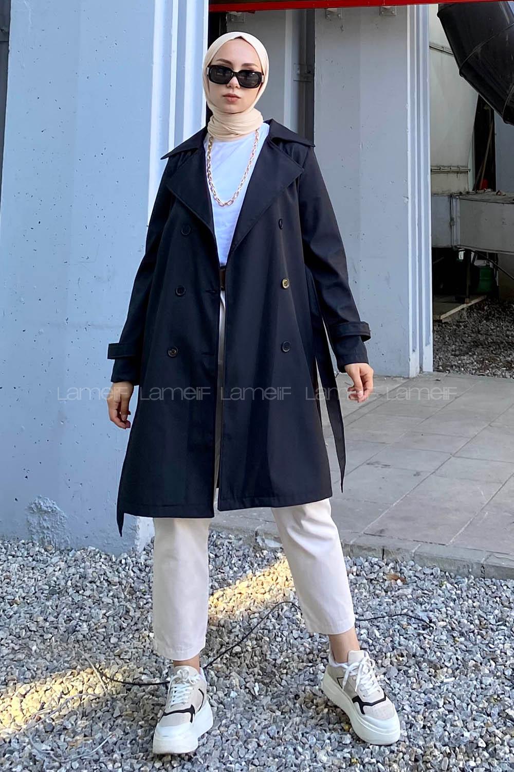 Modalamelif Önü Düğme Detaylı Kuşak Bağlamalı Çift Cepli Trenç Siyah