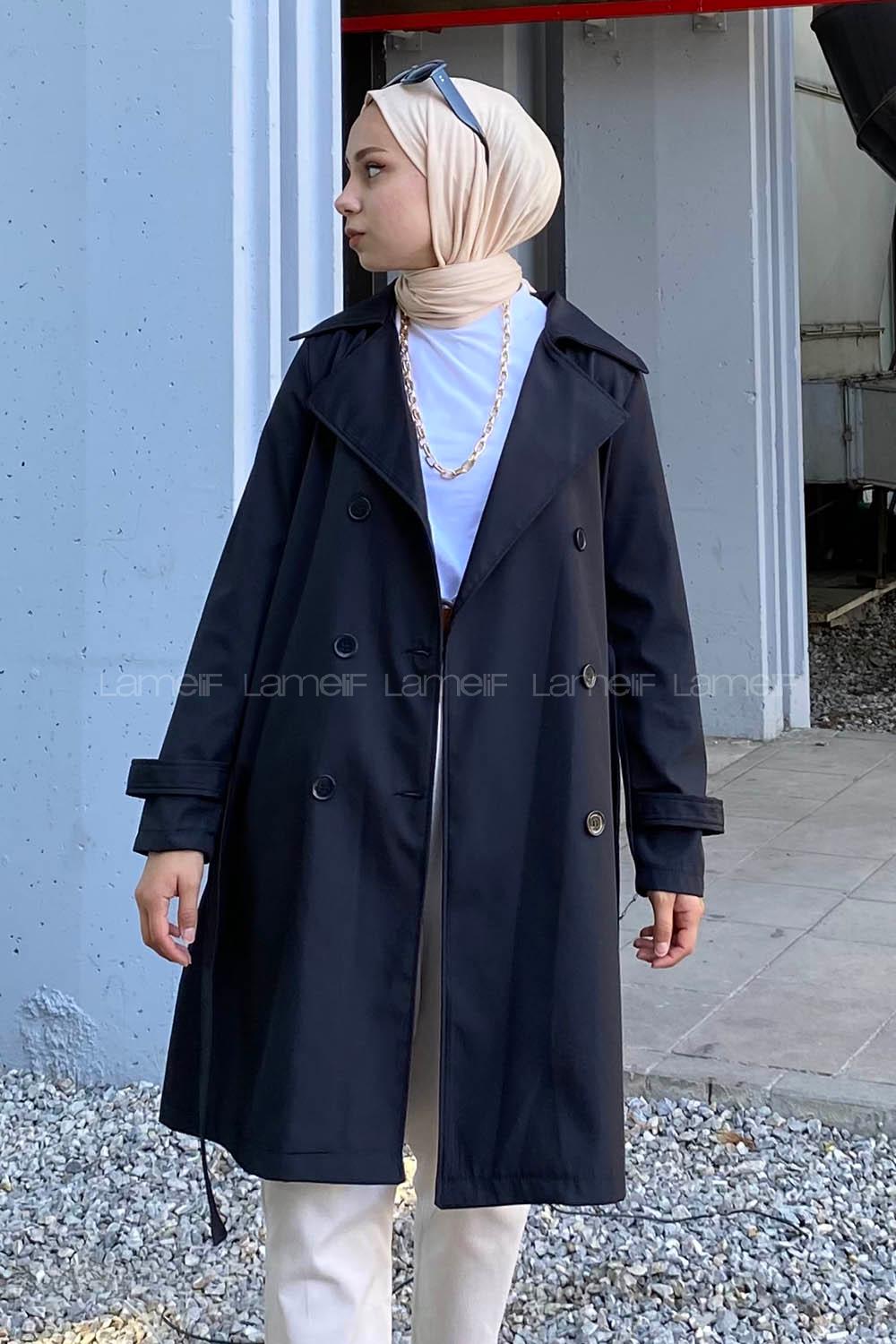 Modalamelif Önü Düğme Detaylı Kuşak Bağlamalı Çift Cepli Trenç Siyah