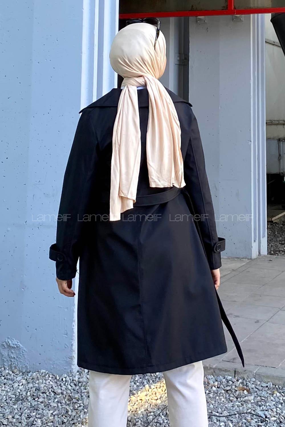 Modalamelif Önü Düğme Detaylı Kuşak Bağlamalı Çift Cepli Trenç Siyah